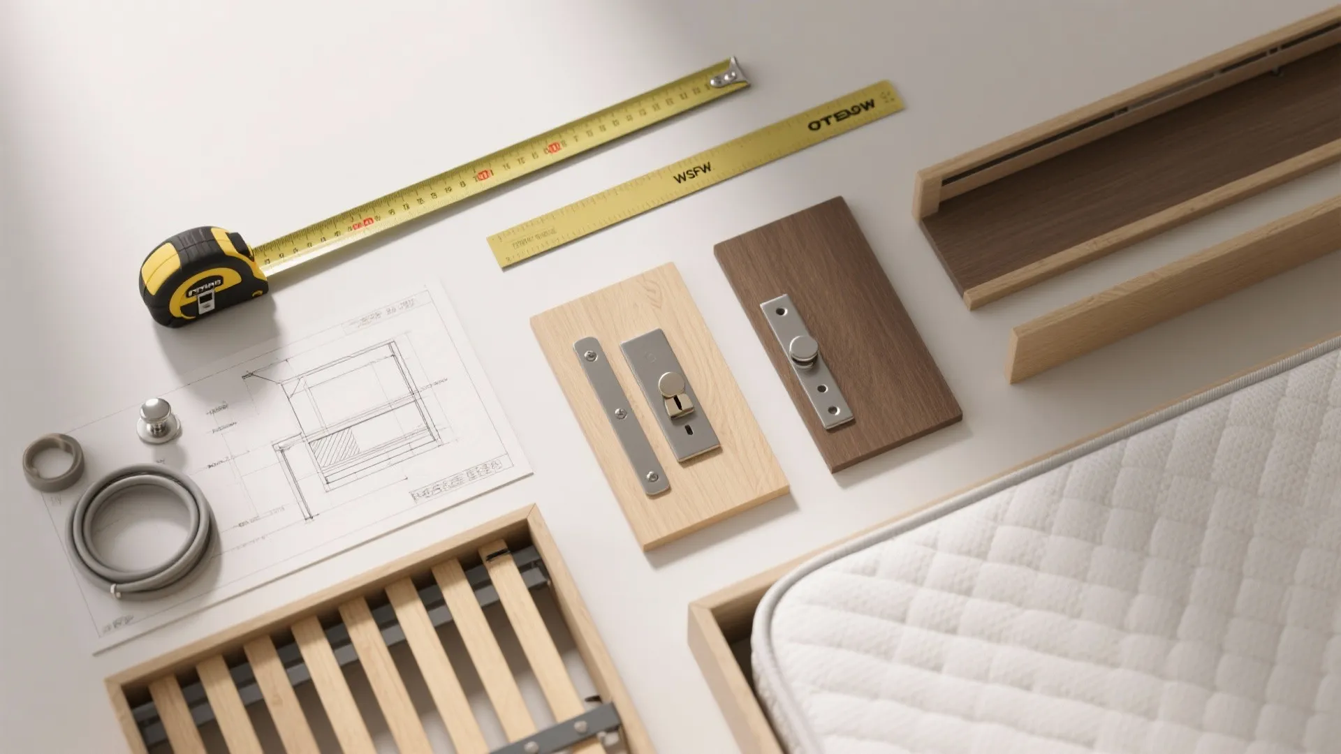 Interior design drawing with measuring tape wood samples and furniture parts on white background surface