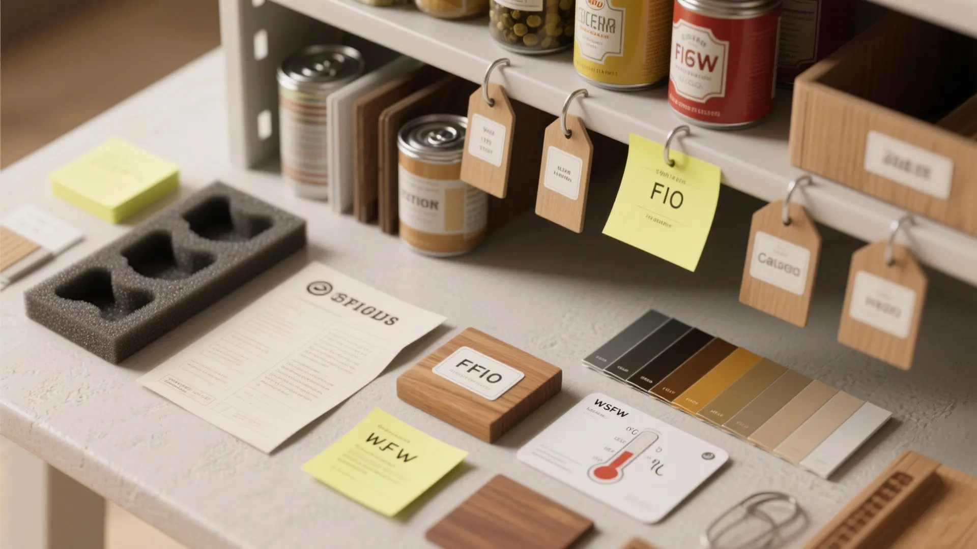 Interior design workstation with color swatches wood samples sticky notes and jars on white shelf