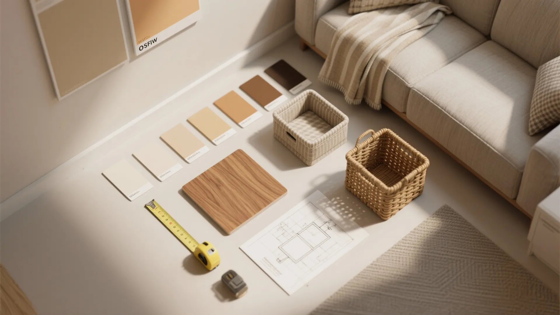 Interior design mood board with color samples wood tile baskets tape measure and floor plan paper