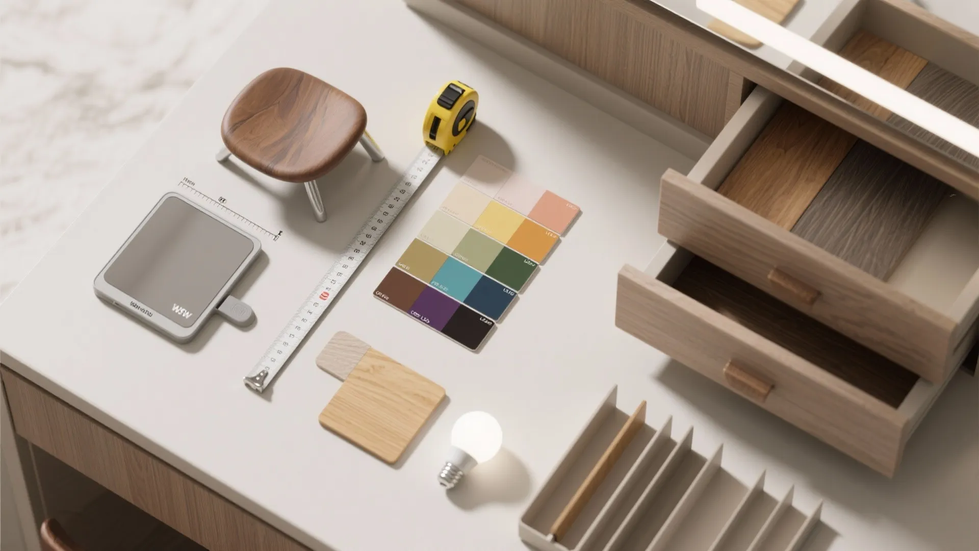 Flatlay of tools and samples for planning a small vanity: measuring tape, color swatches, LED bulb and drawer dividers.