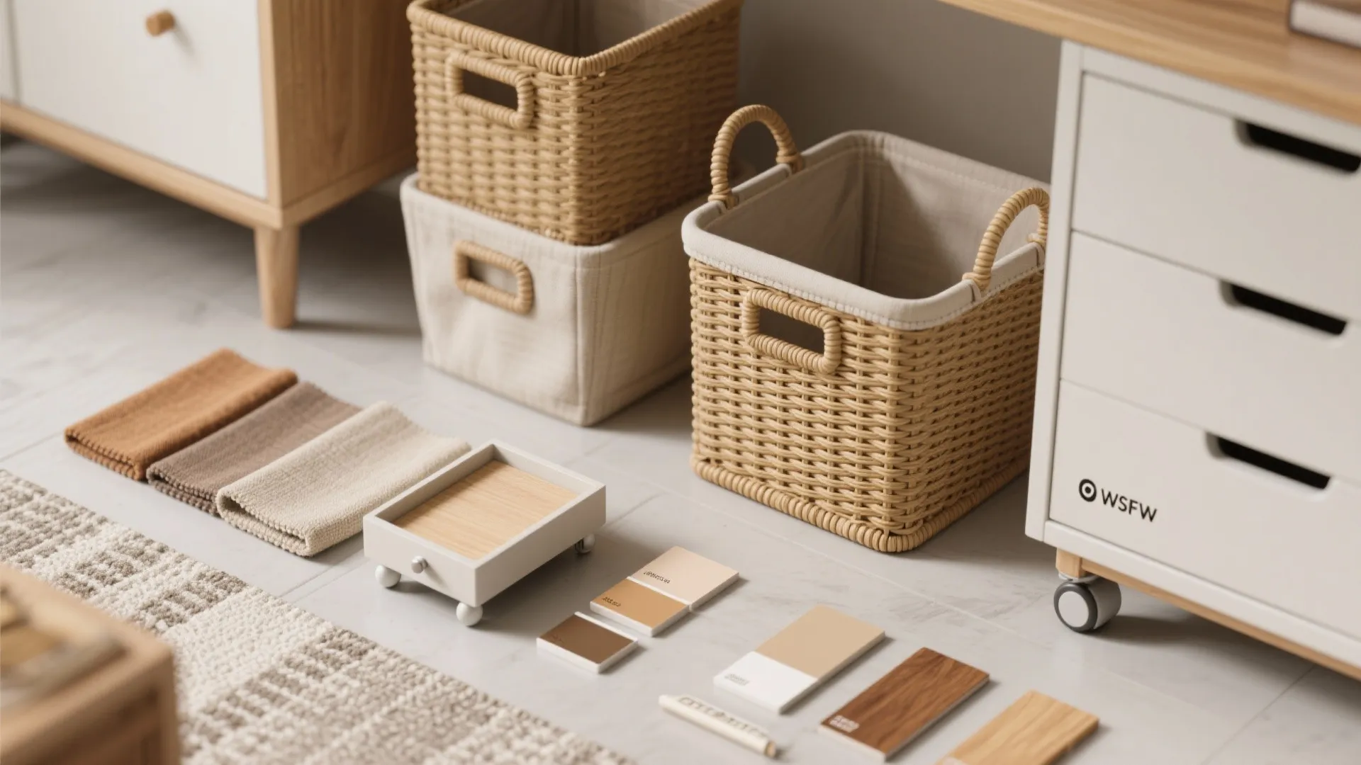 Top-down flatlay of budget multipurpose items: storage bins, basket, hardware pulls and fabric swatches for a cohesive small-space update.