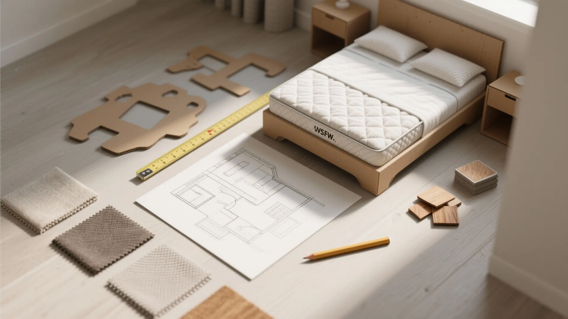 Interior design floor plan on wood floor with measuring tape, pencil, fabric samples, and model bed