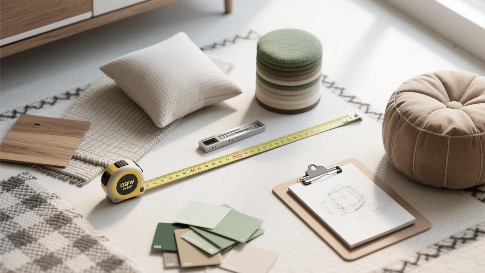 Flatlay with yellow tape measure clipboard with sketch color swatches pillows and round soft footrests