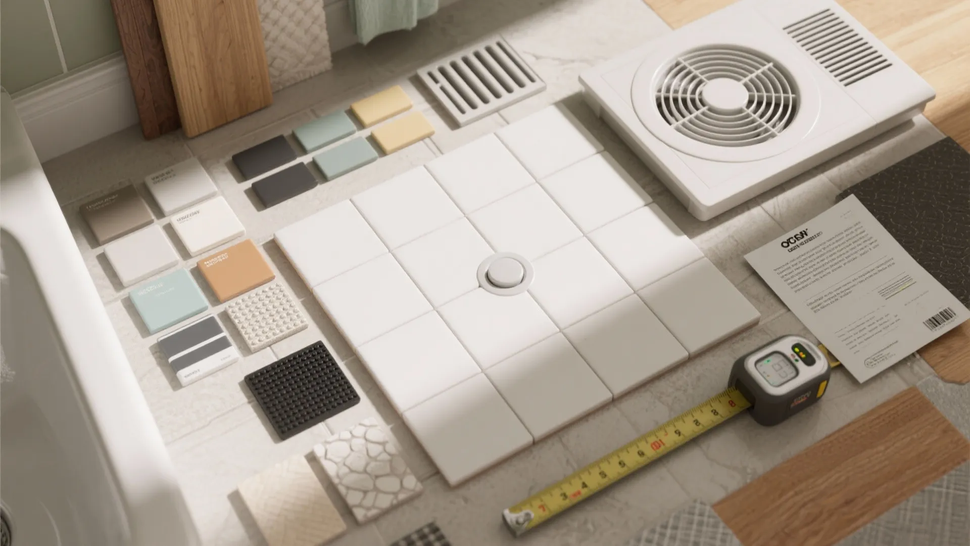 Flatlay of tile samples, anti-vibe pads, exhaust fan and paint swatches for a bathroom-laundry renovation.