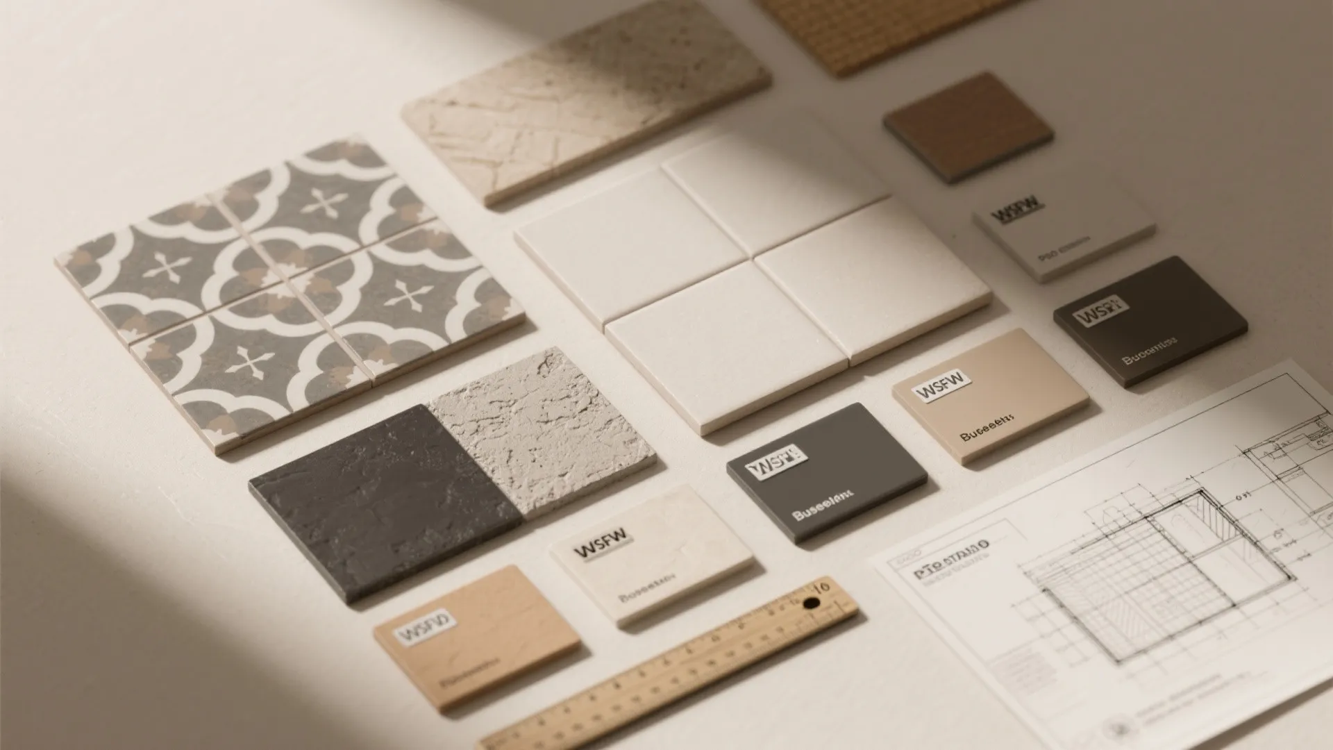 Flat lay of interior design material samples with wood tiles ruler and a room layout drawing