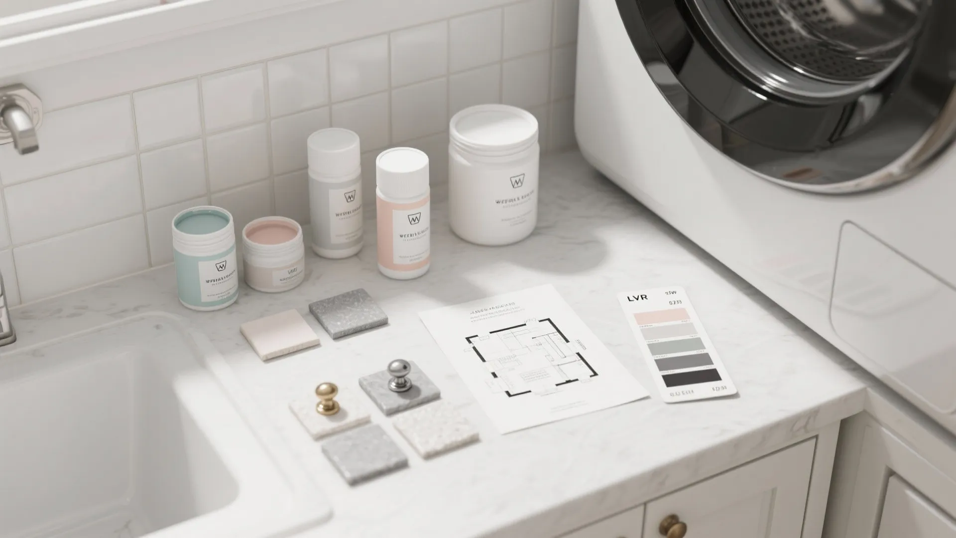 Interior design materials on marble counter including paint jars floor tiles color palette and room layout