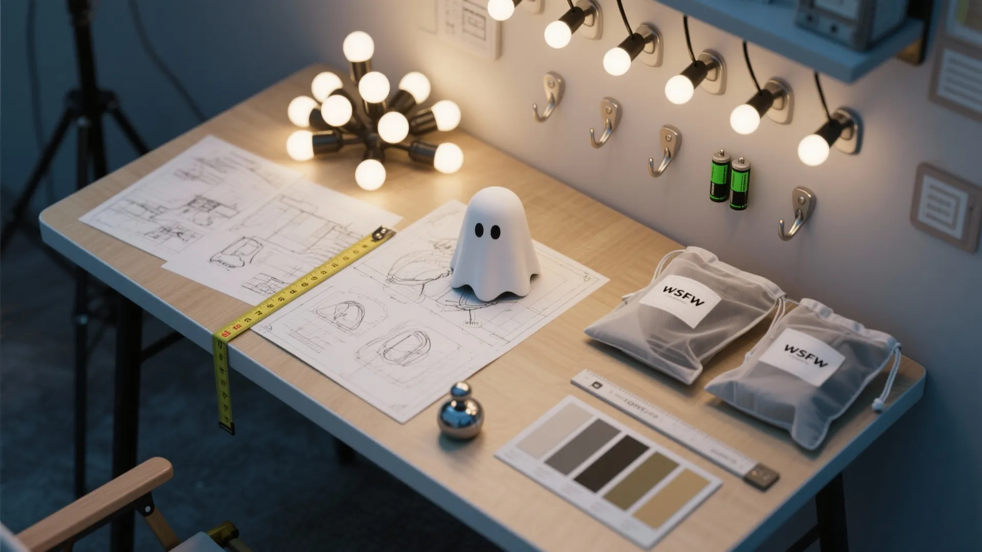 Work desk with interior design drawing measuring tape small ghost toy and light fixture on wall