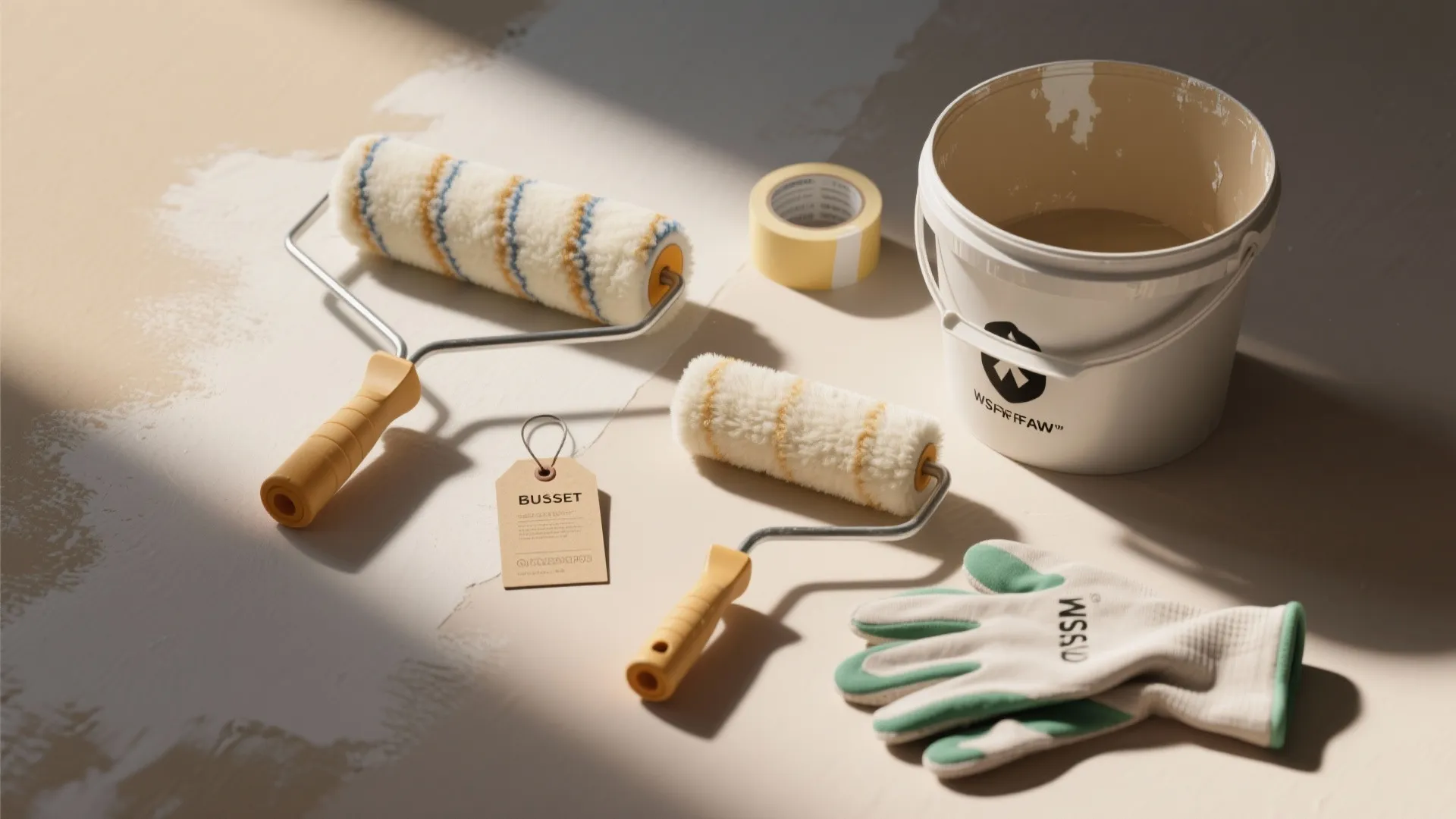 Two paint rollers beside a bucket of paint masking tape and work gloves on floor
