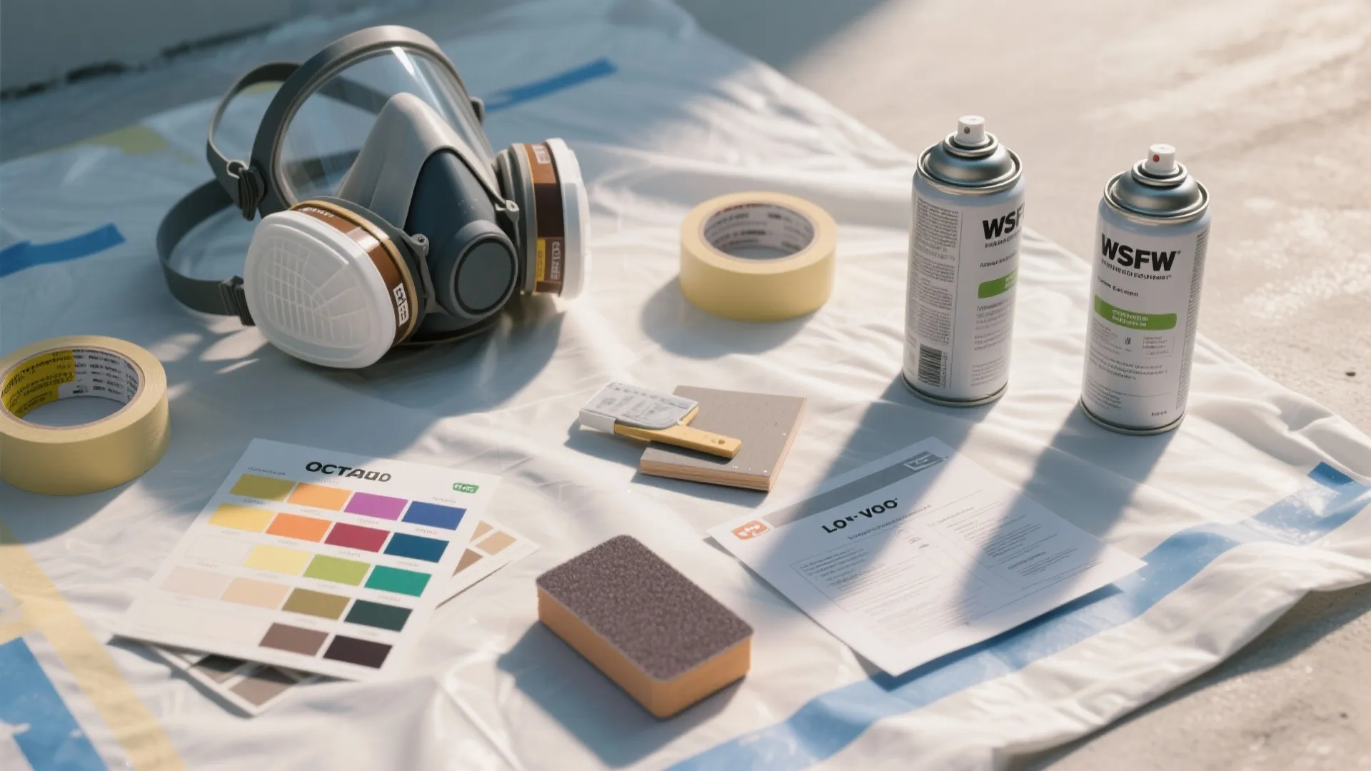 DIY painting tools including mask spray cans tape and color chart on a plastic sheet
