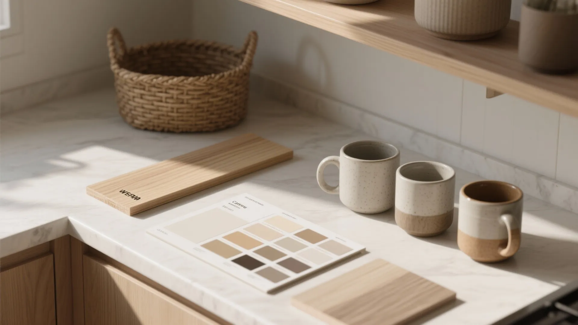 Kitchen countertop with color palette wood samples ceramic mugs and a woven basket in sunlight