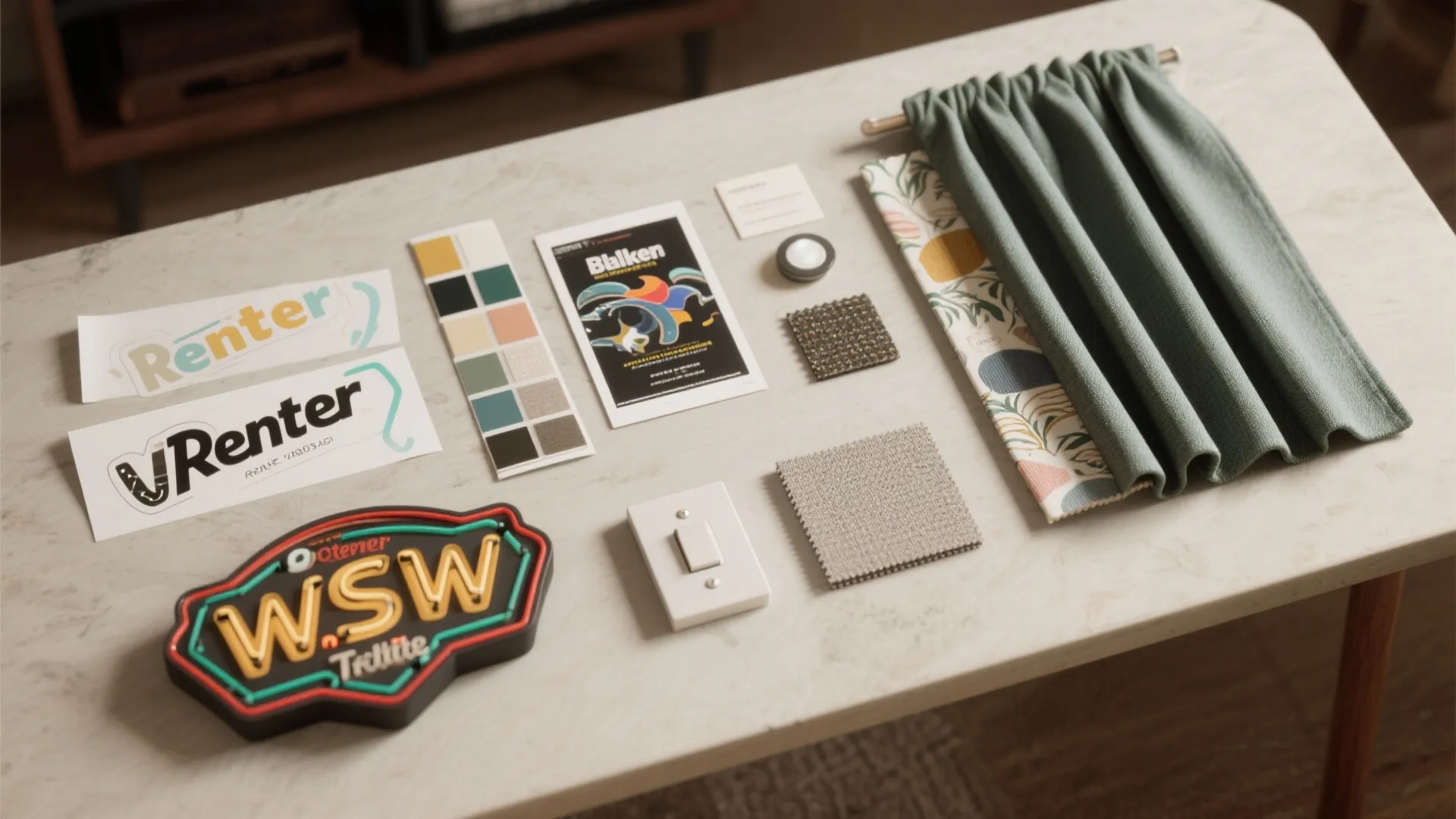 Flatlay of removable decor samples: vinyl decals, peel-and-stick wallpaper, magnet poster and curtain fabric swatches.