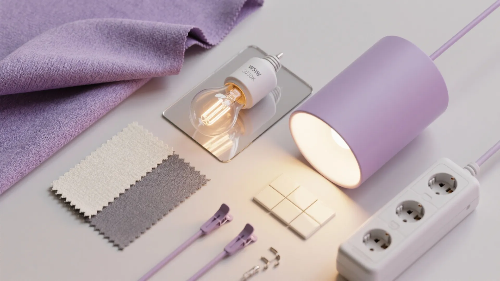 Interior design mood board flat lay with purple fabric swatches light bulb and electrical socket