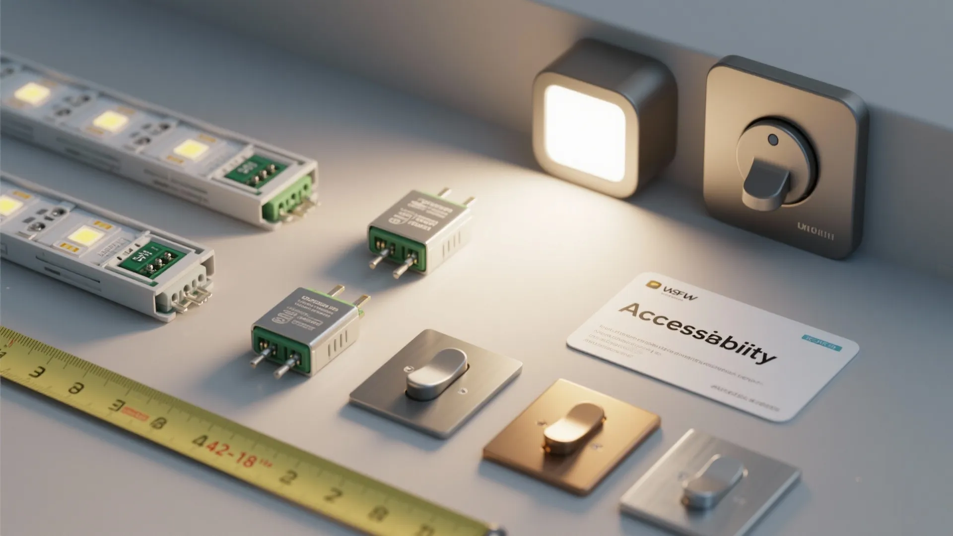 Interior design components including light strips switches a measuring tape and small square light fixtures