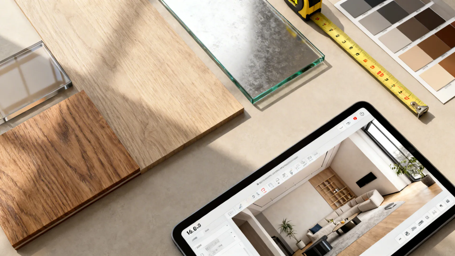 Tablet displaying interior design software next to wood samples glass measuring tape and color sample sheets