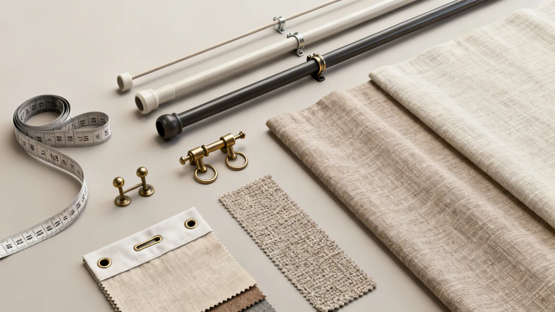 Flatlay of curtain hardware, swatches, and measuring tools for curtain planning