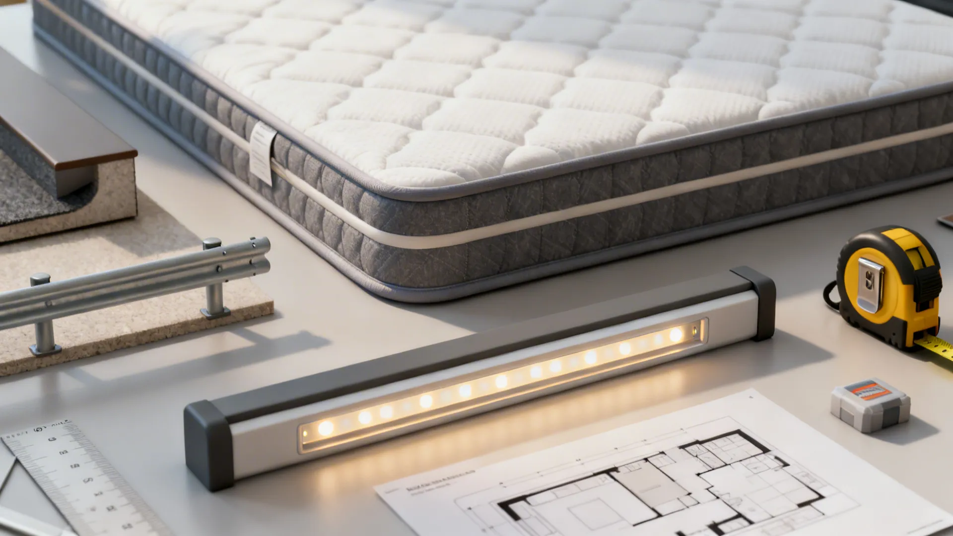 Flatlay of low-profile mattress samples, rounded trim details and a small 3D room mockup