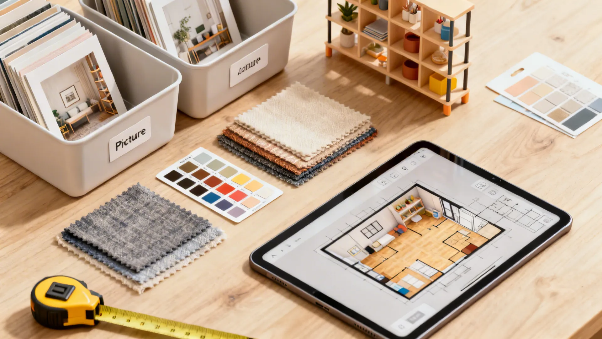 Flatlay of labeled bins, fabric swatches, and a tablet with a 3D floor planner for toy storage planning.