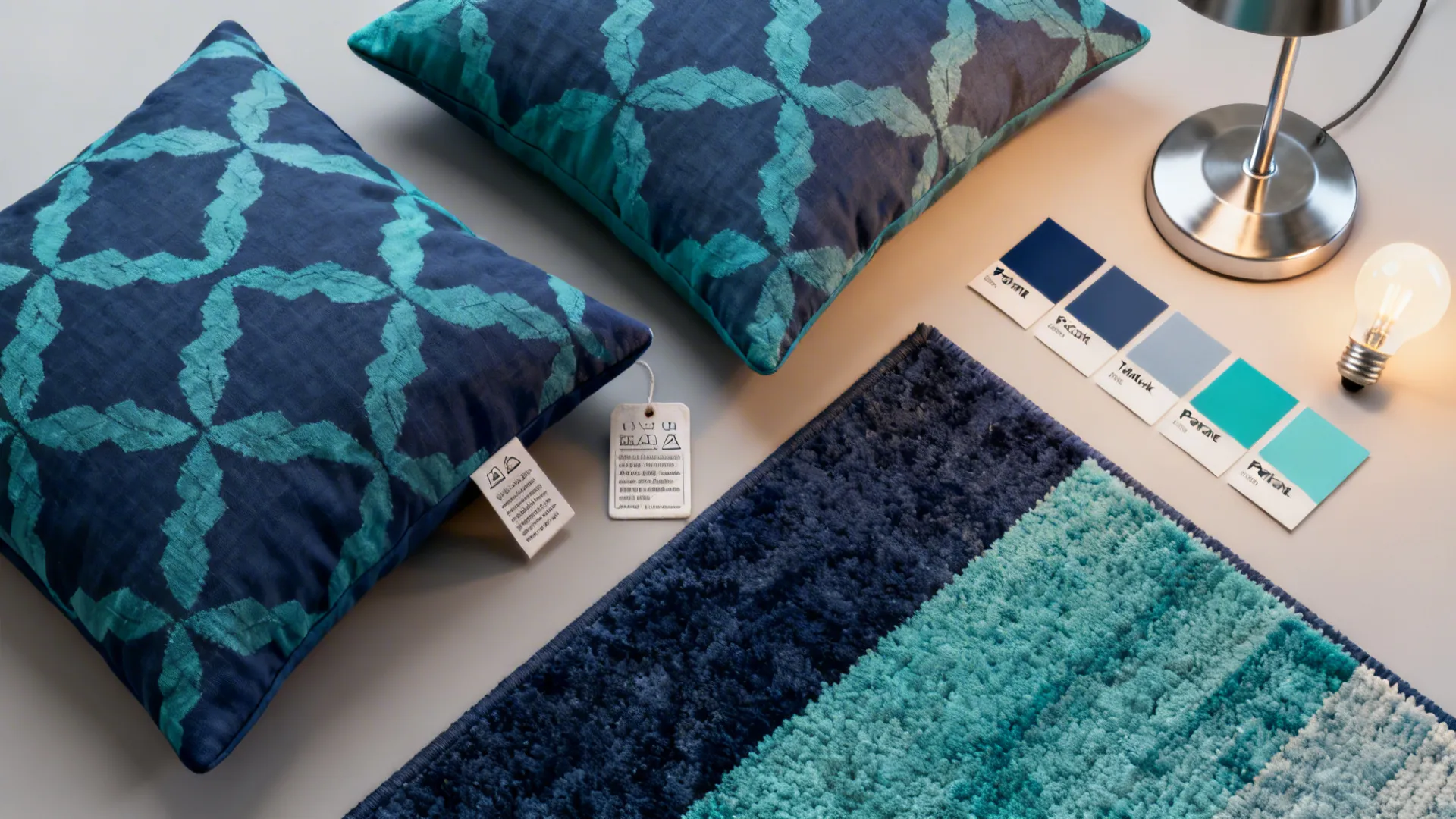 Flatlay of washable cushion covers, rug sample and lighting samples for navy-teal living room tips