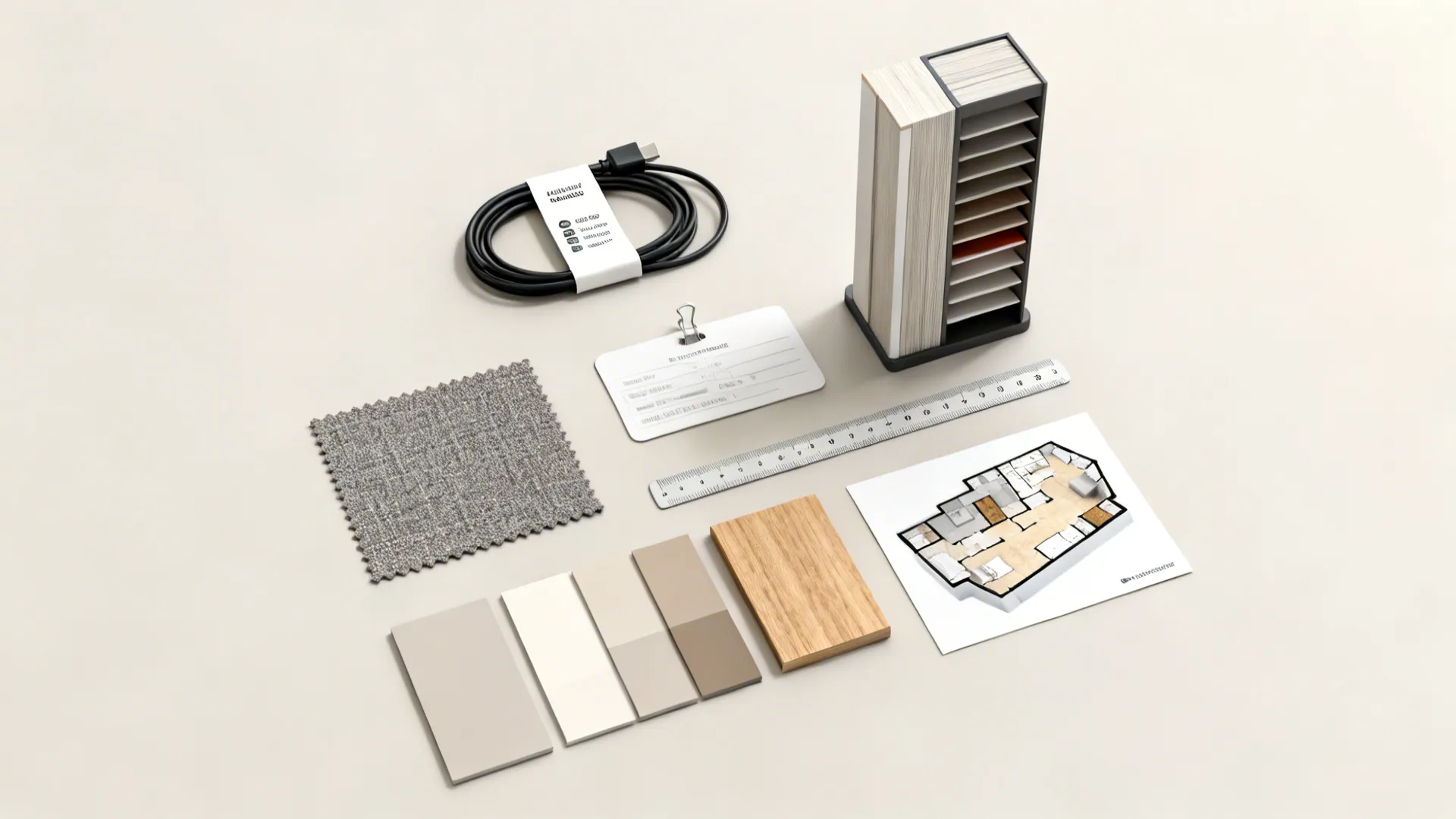 Flat lay of interior design materials including fabric swatches wooden blocks floor plan ruler and cable