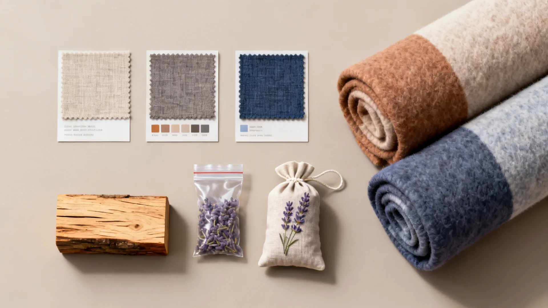 Flatlay of fabric swatches, vacuum bag sample, cedar block and rolled throws showing storage tips.