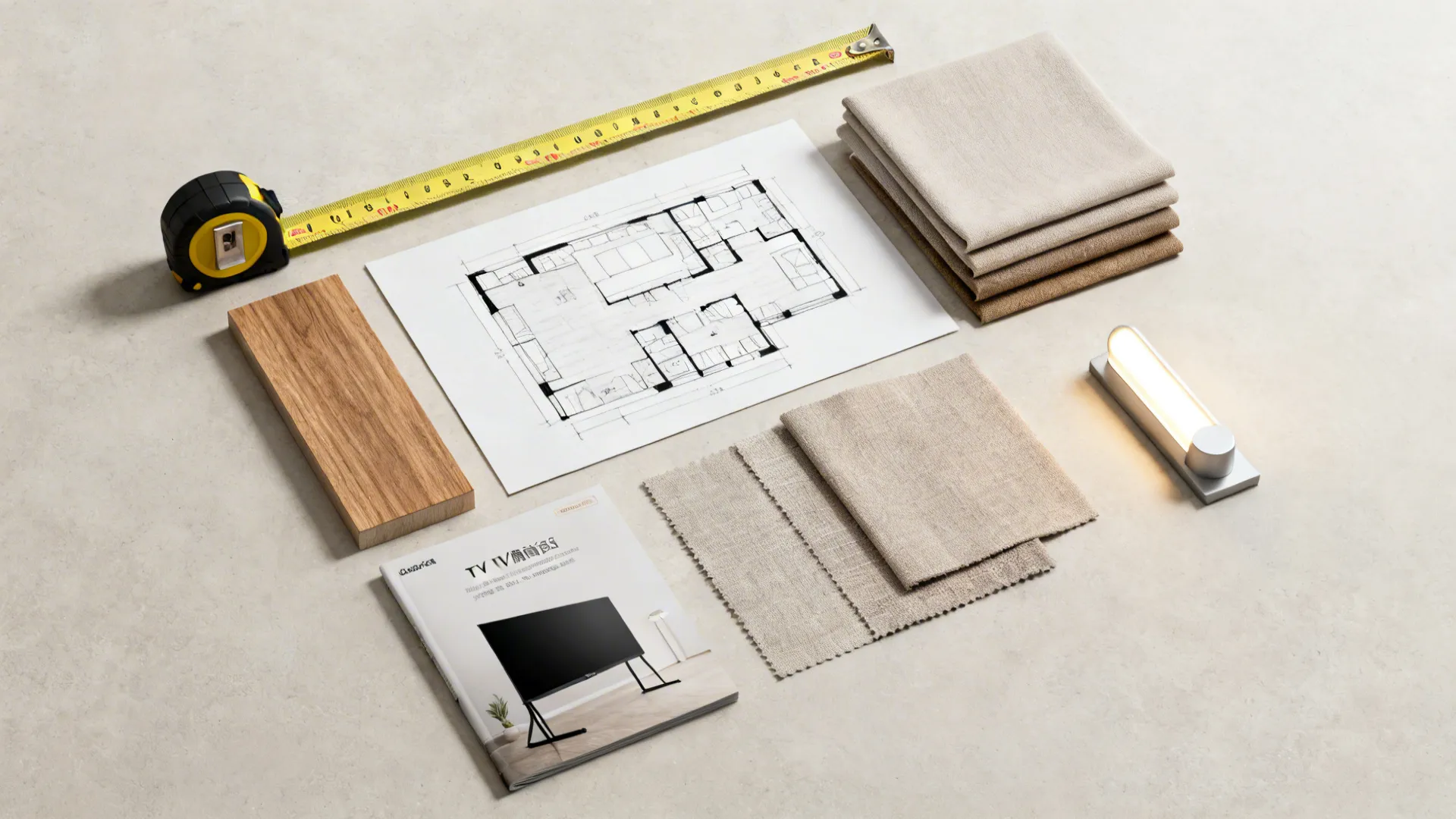 Flatlay of measuring tape, floor plan, and material swatches for planning a small TV room.