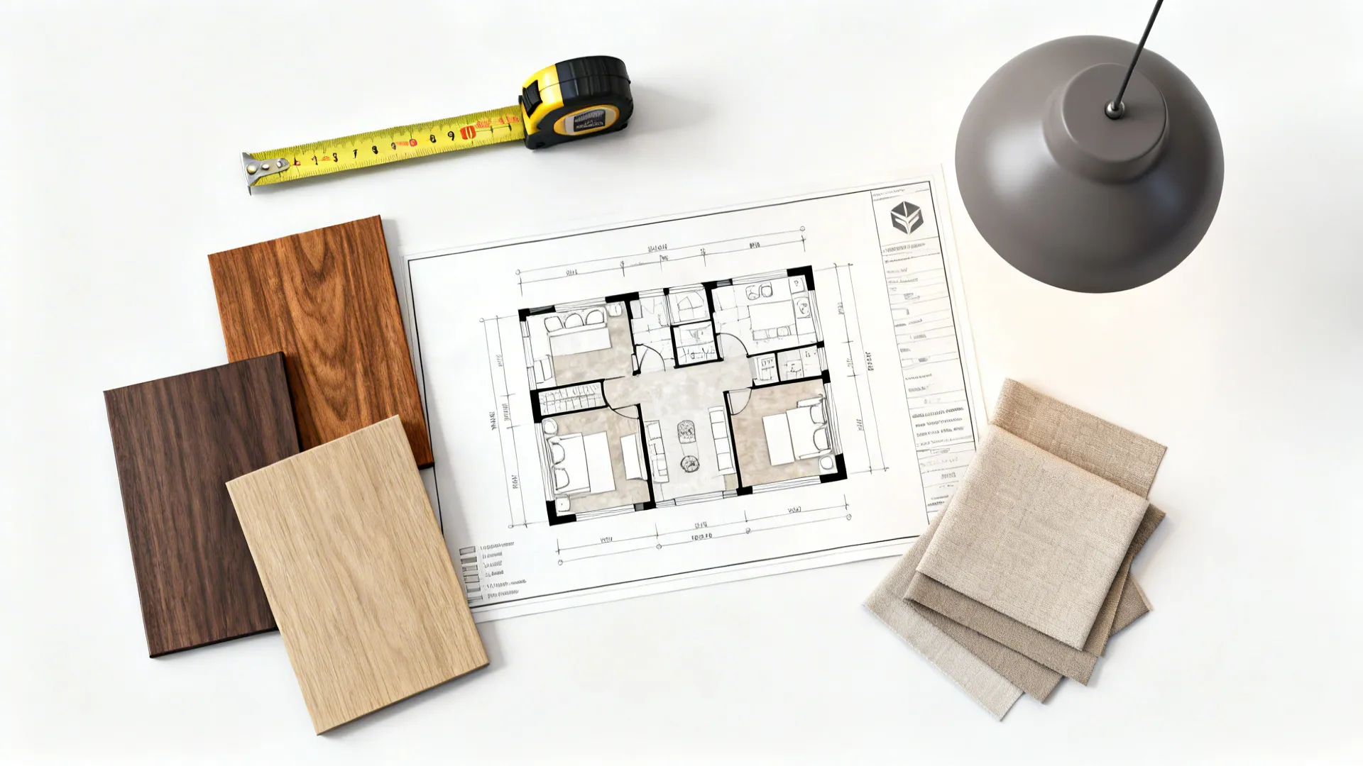 Interior design floor plan with yellow tape measure wood samples fabric swatches and light fixture