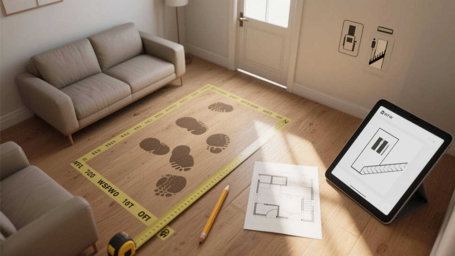 Living room floor with measuring tape pencil tablet and paper floor plan showing interior design steps