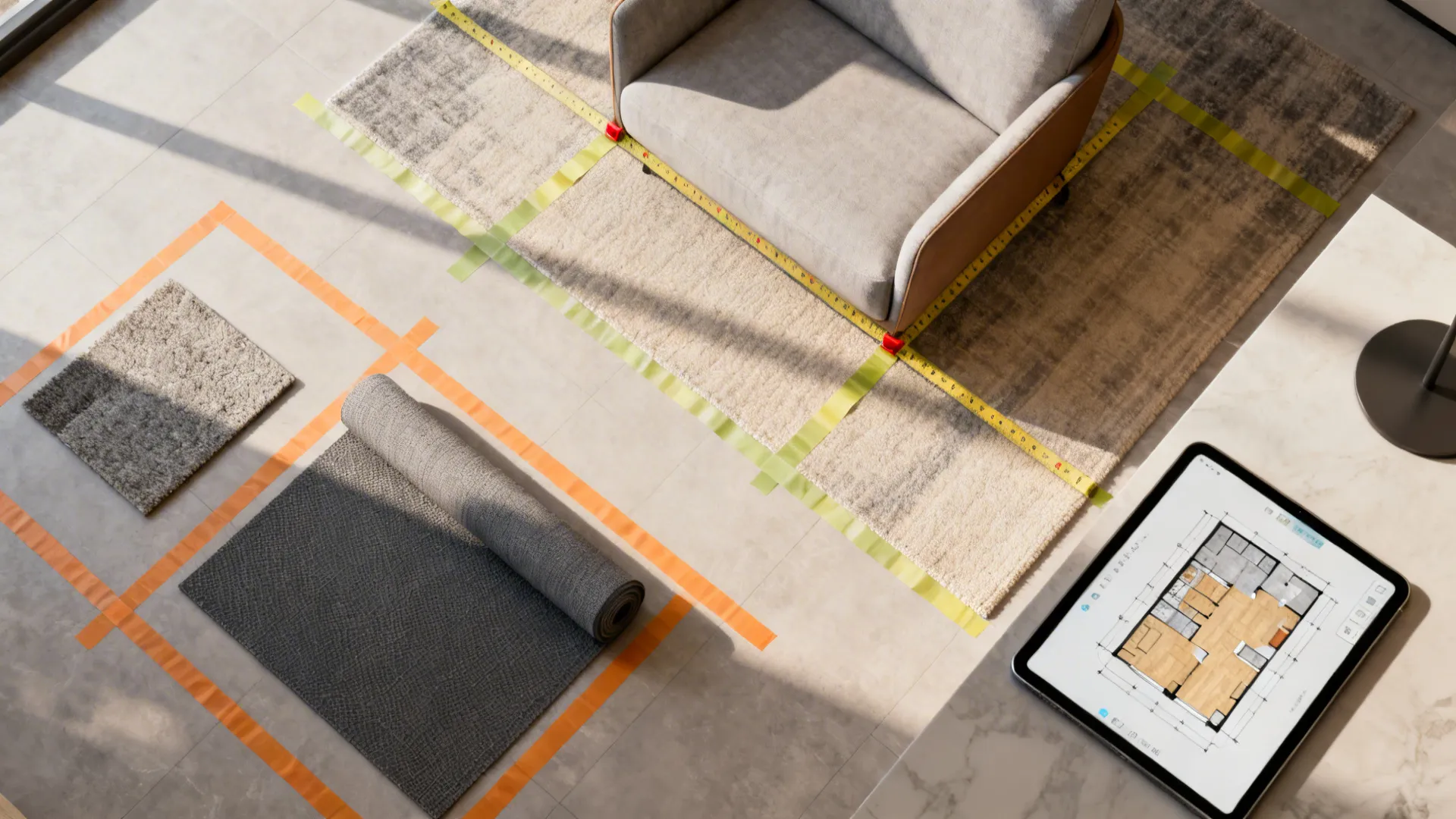 Top-down view of measuring tools, painter's tape, rug pad sample and a tablet with a 3D floor planner.