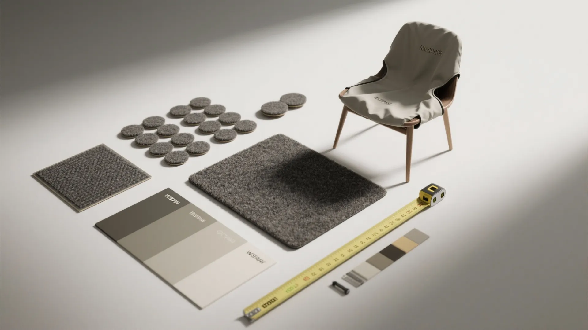 Wooden chair with cover beside small round floor protectors carpet samples and yellow measuring tape