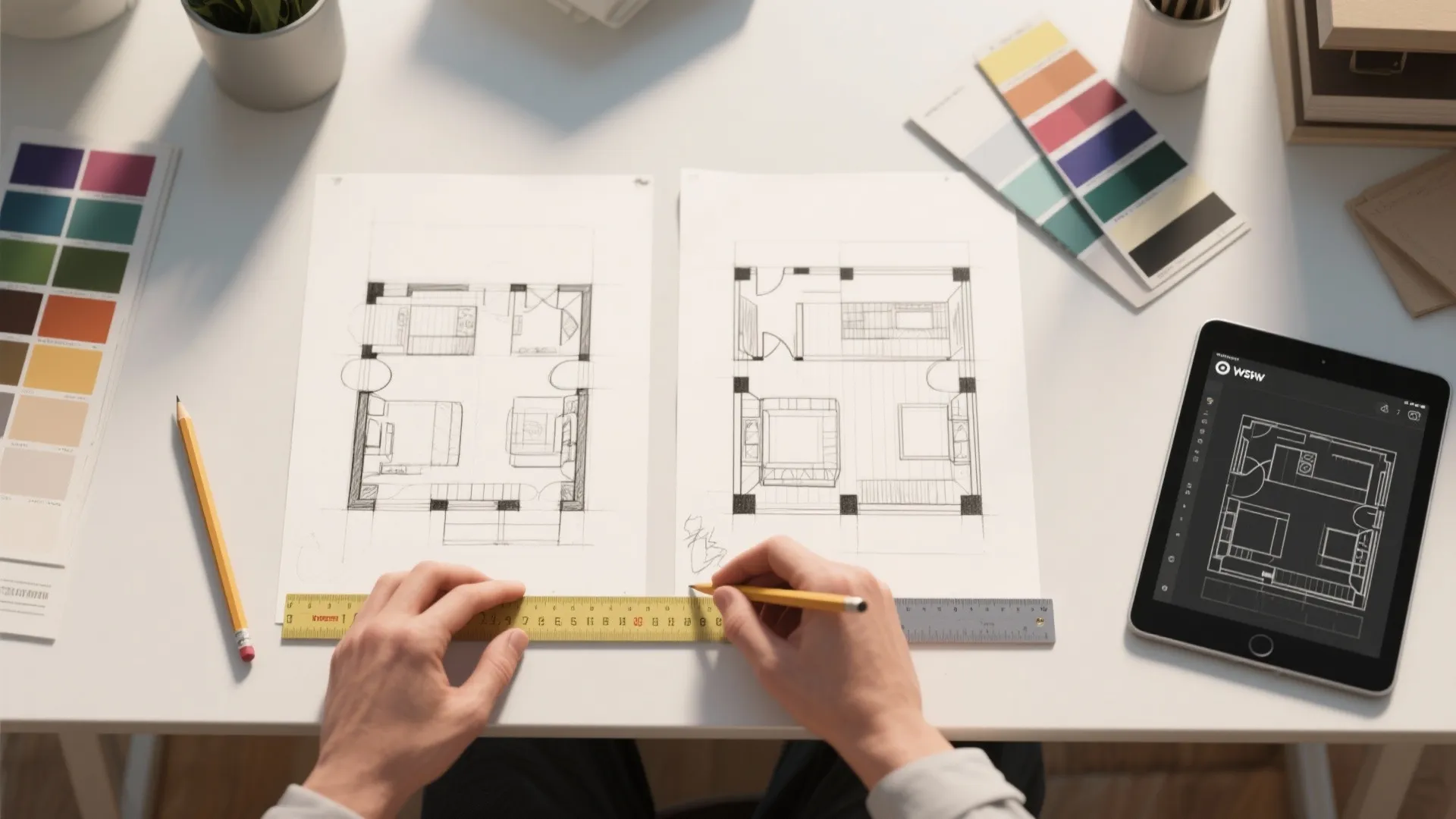 Person drawing a room layout on paper with a ruler pencil color swatches and tablet