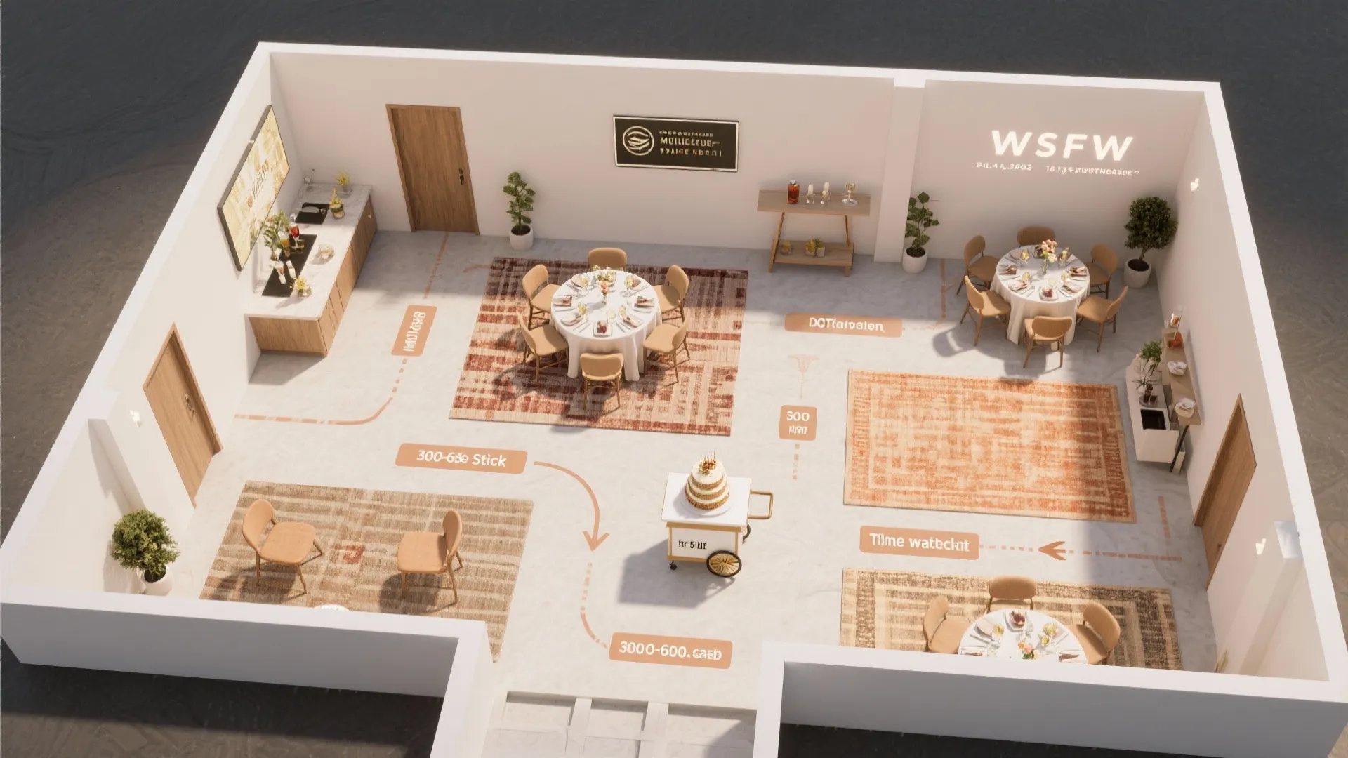 Top-down floorplan visualization showing activity zones and circulation for a small venue layout.