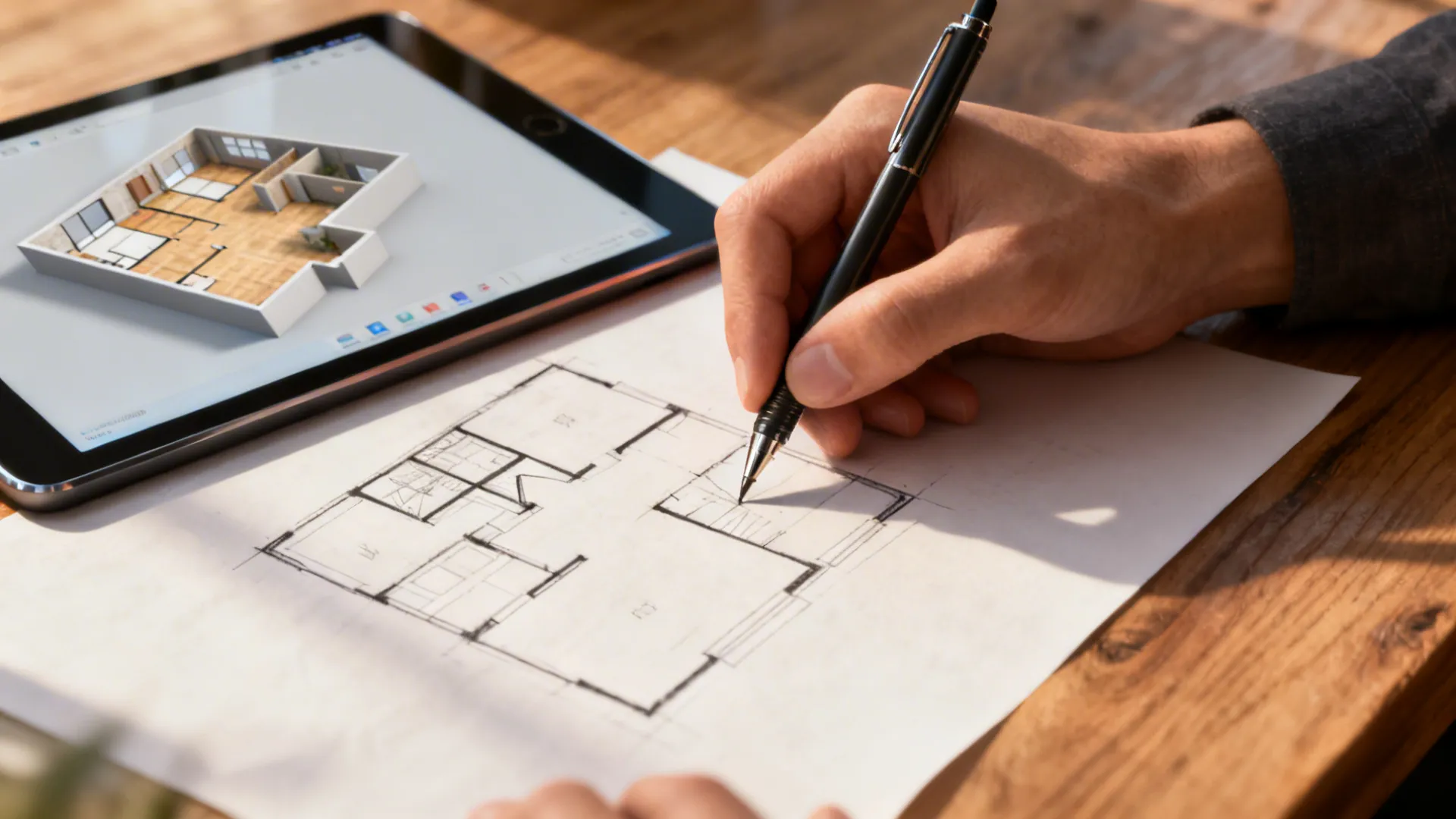 Close-up of a quick hand-drawn floor plan next to a tablet showing a 3D planner for small room layouts