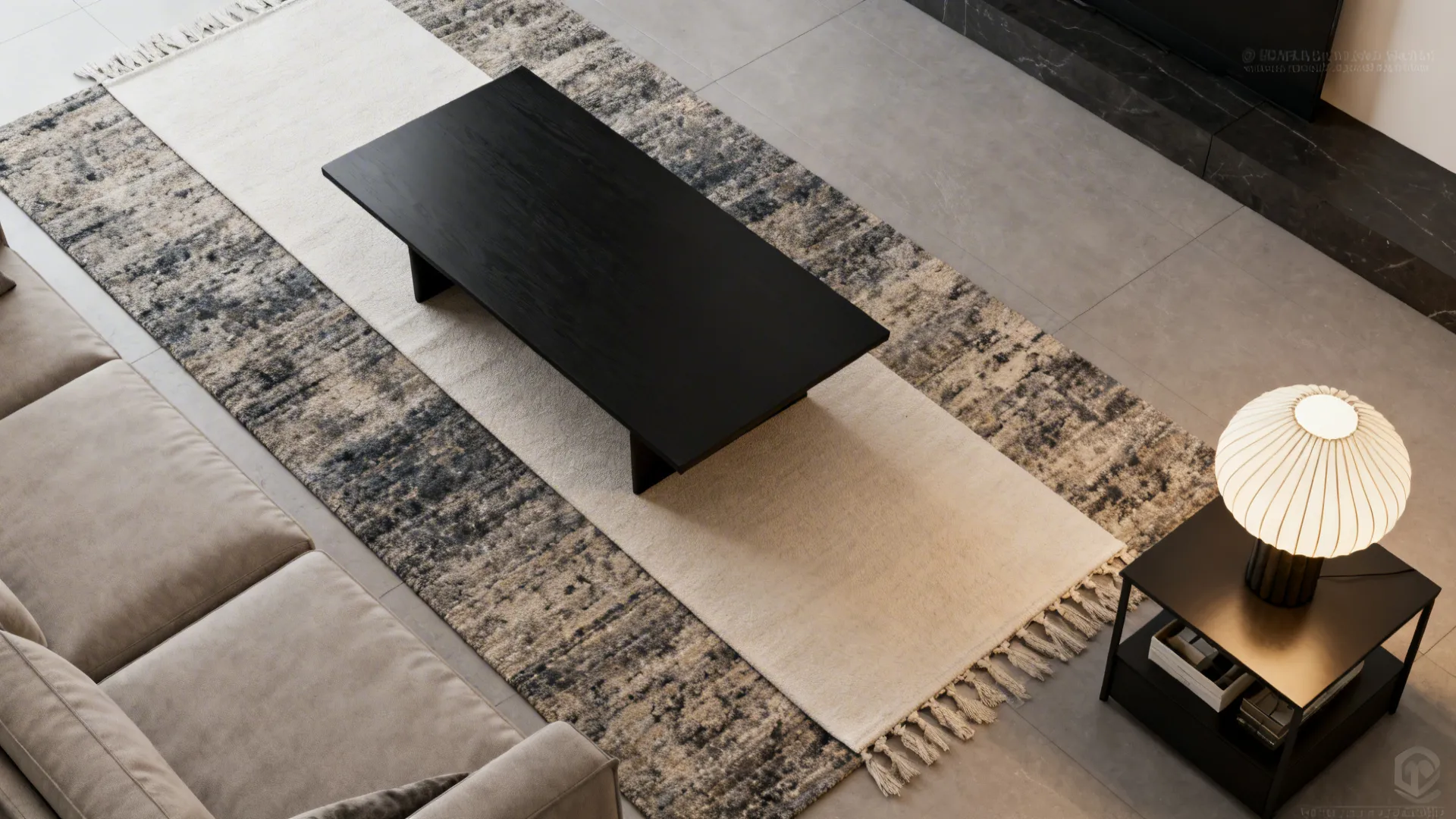 Top-down mockup showing runner, lamp and rug around a black coffee table for small rooms