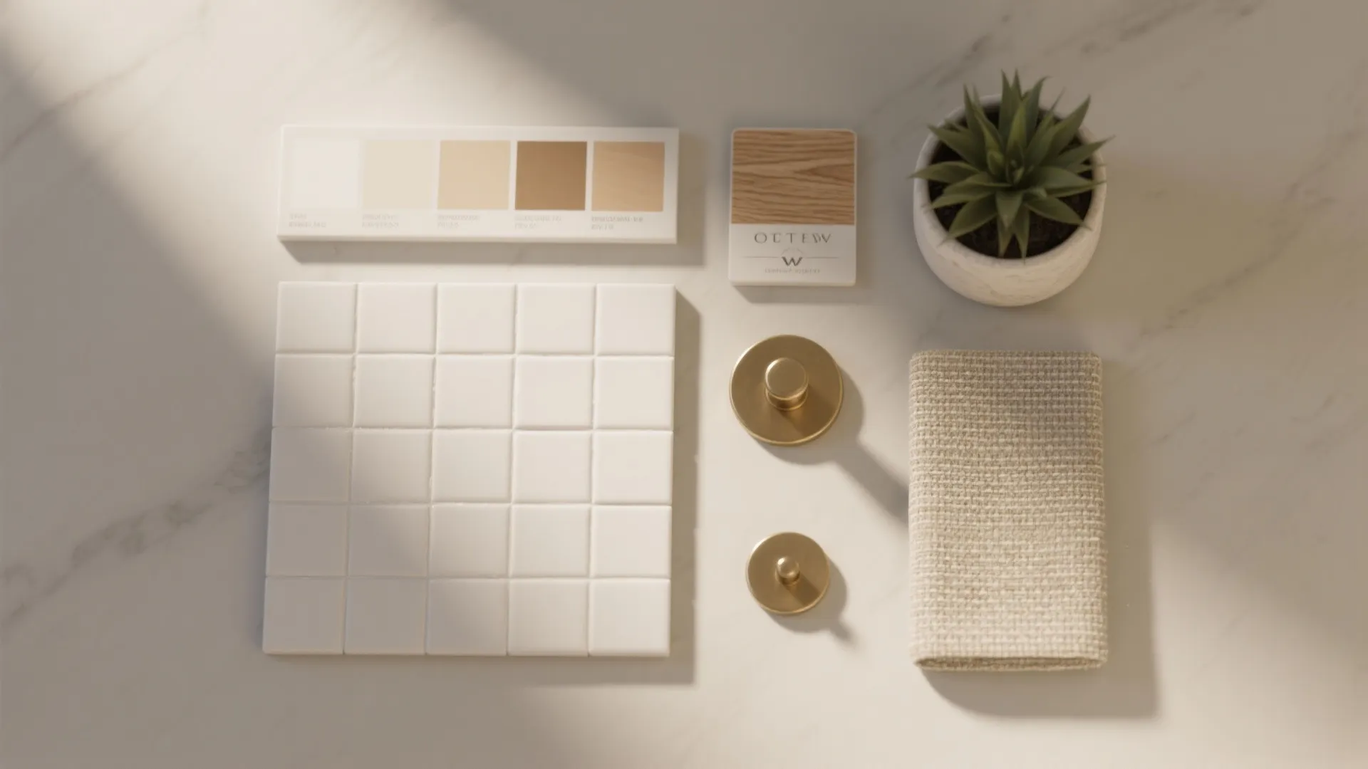 Material board with white wall tiles color samples wood piece gold knobs and small plant
