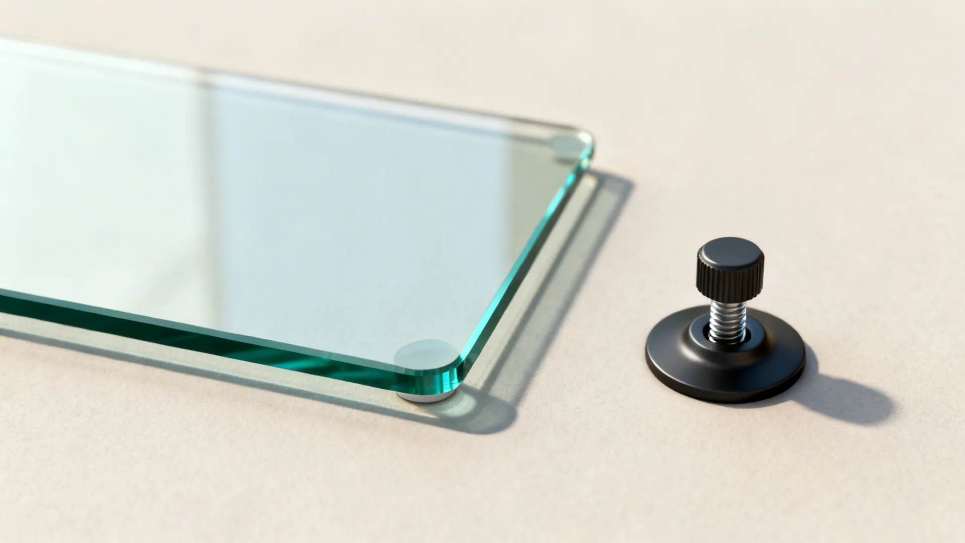 Close-up of tempered glass edge, rounded corner, and adjustable foot demonstrating safety and stability tips.