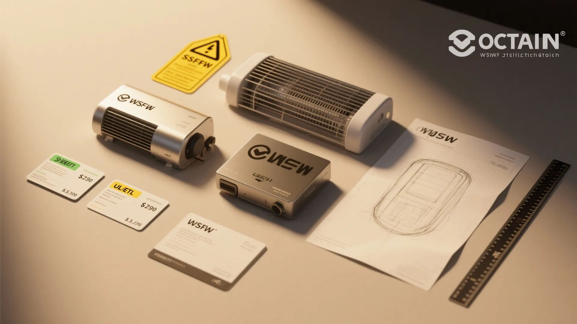 Tabletop display of small electric space heaters with safety labels design sketches and a long ruler