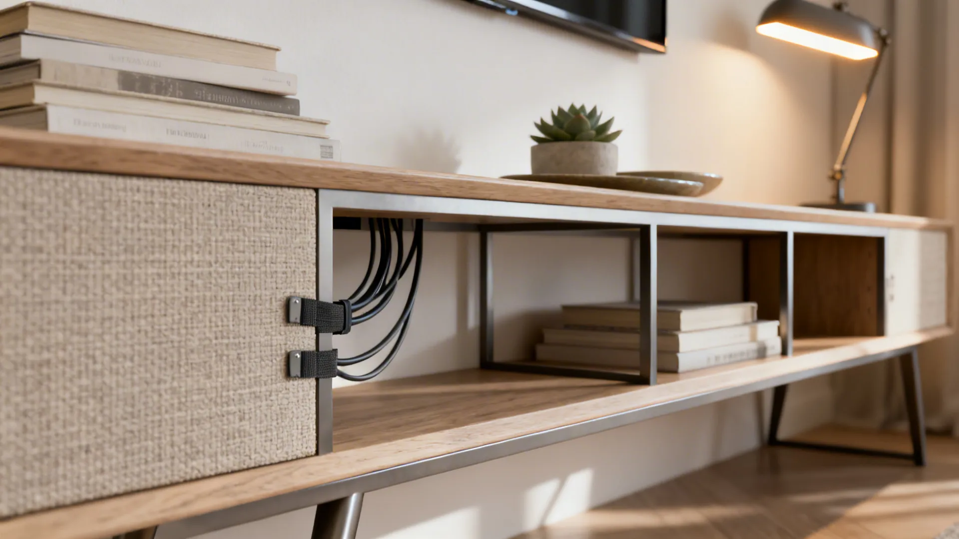 Close-up of leggy furniture, hidden cords, and layered lighting demonstrating small-space quick wins.