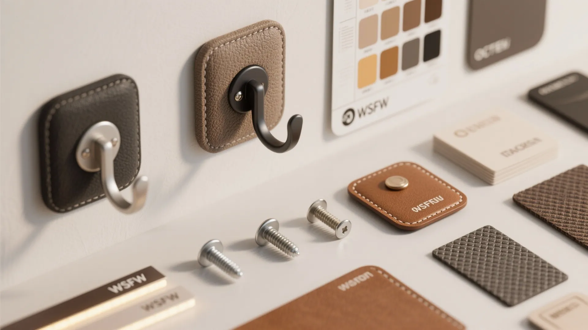 Two wall hooks on leather pads next to screws and several different interior design samples