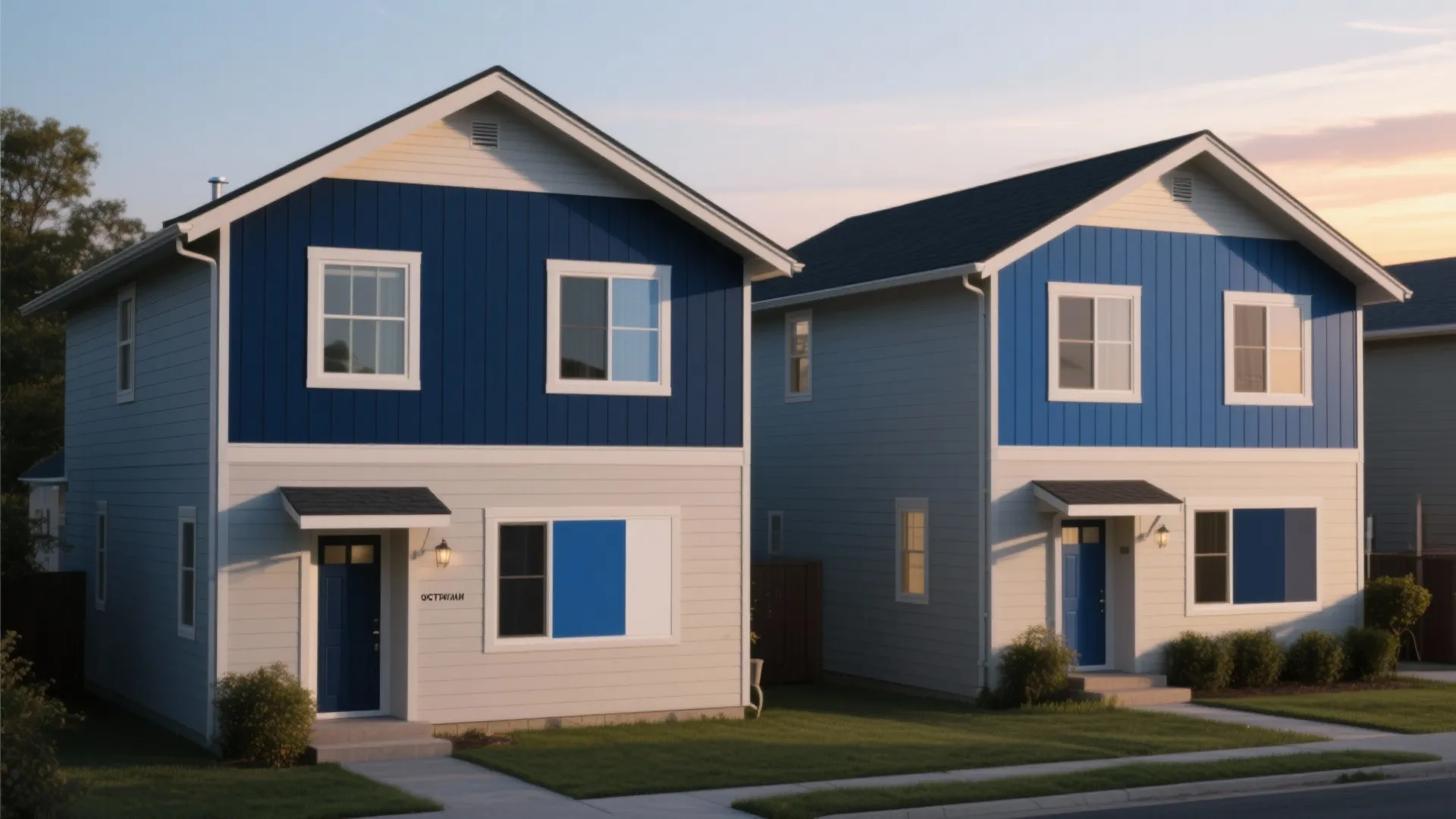 Two similar modern two story houses with blue and white siding green grass and sunset sky