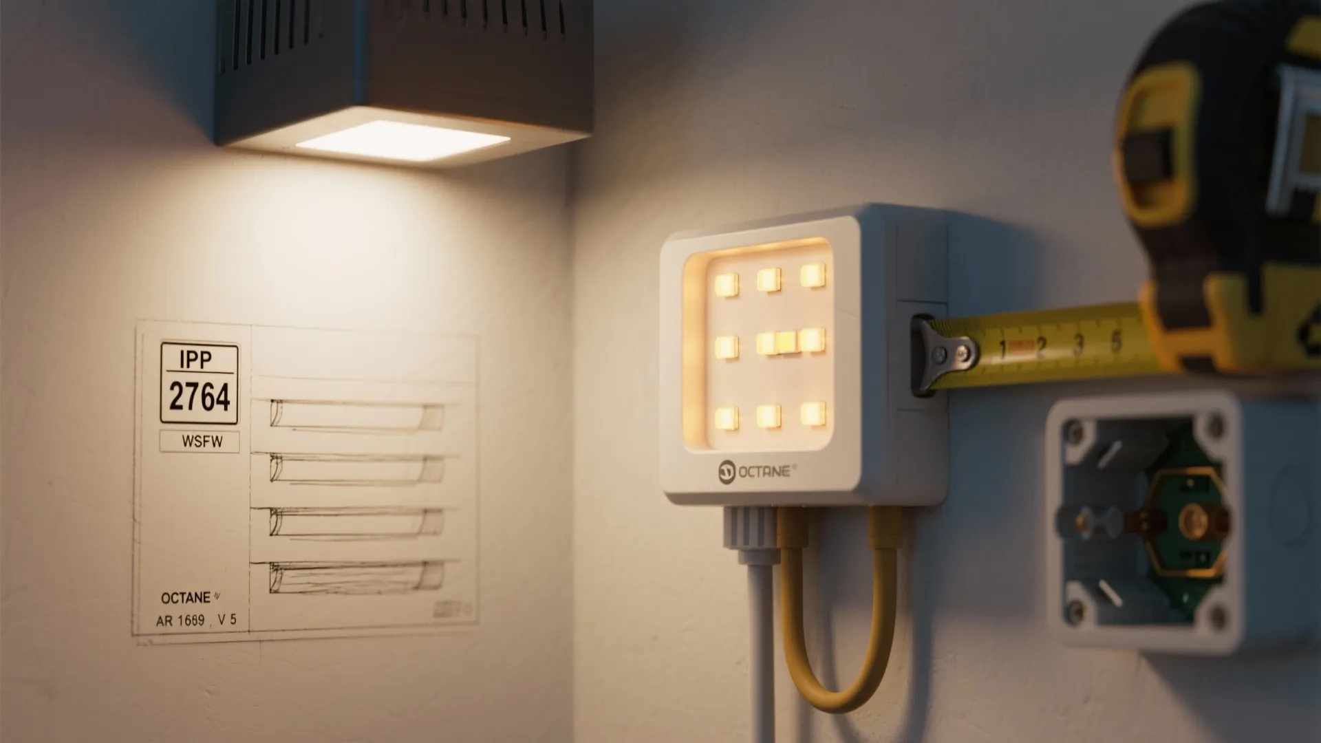 Measuring a small square light fixture on a wall with a yellow tape measure tool