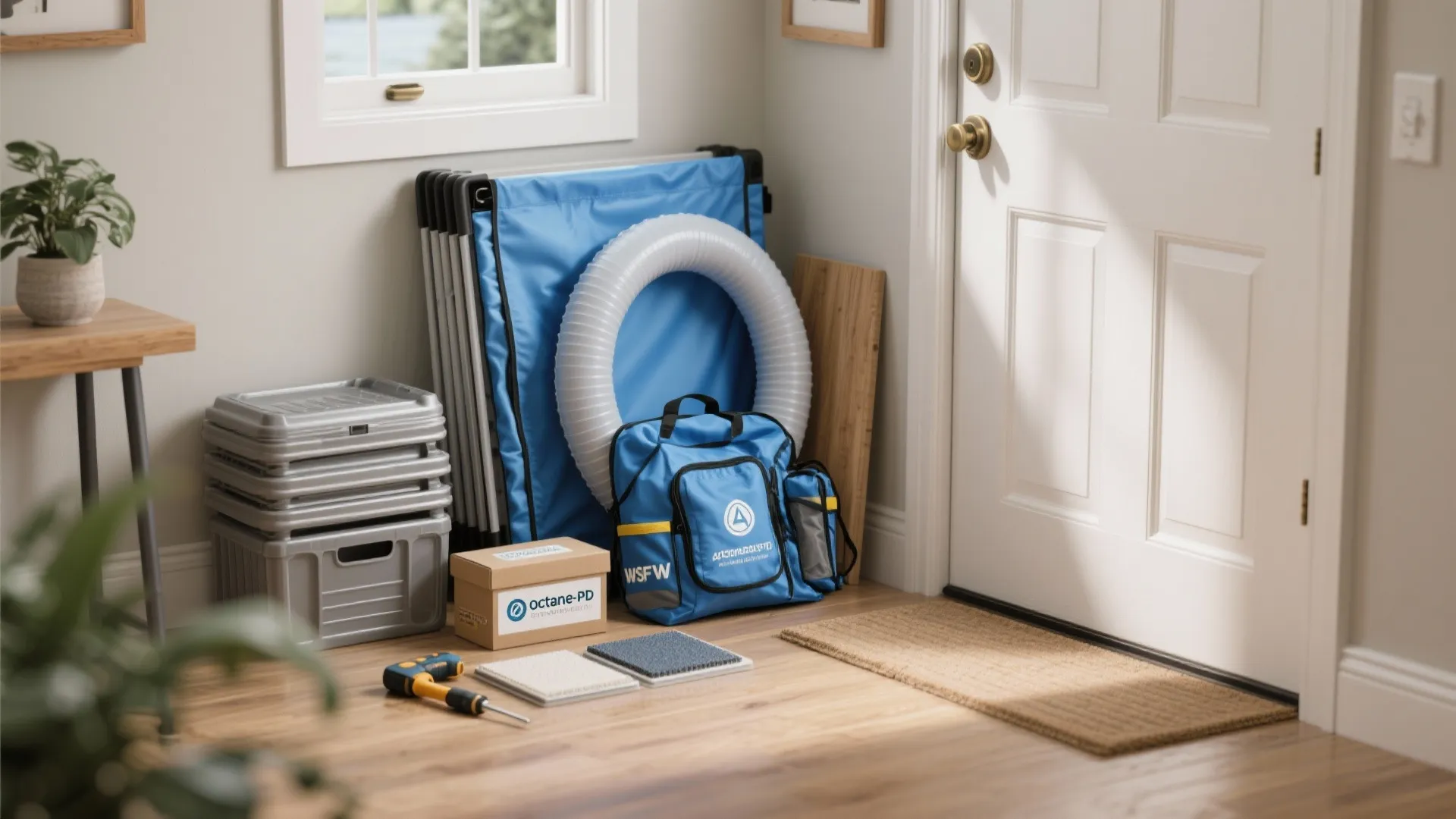 A compact entryway flood kit showing foldable panels, inflatable tube, expandable bags and a threshold sample stored neatly.