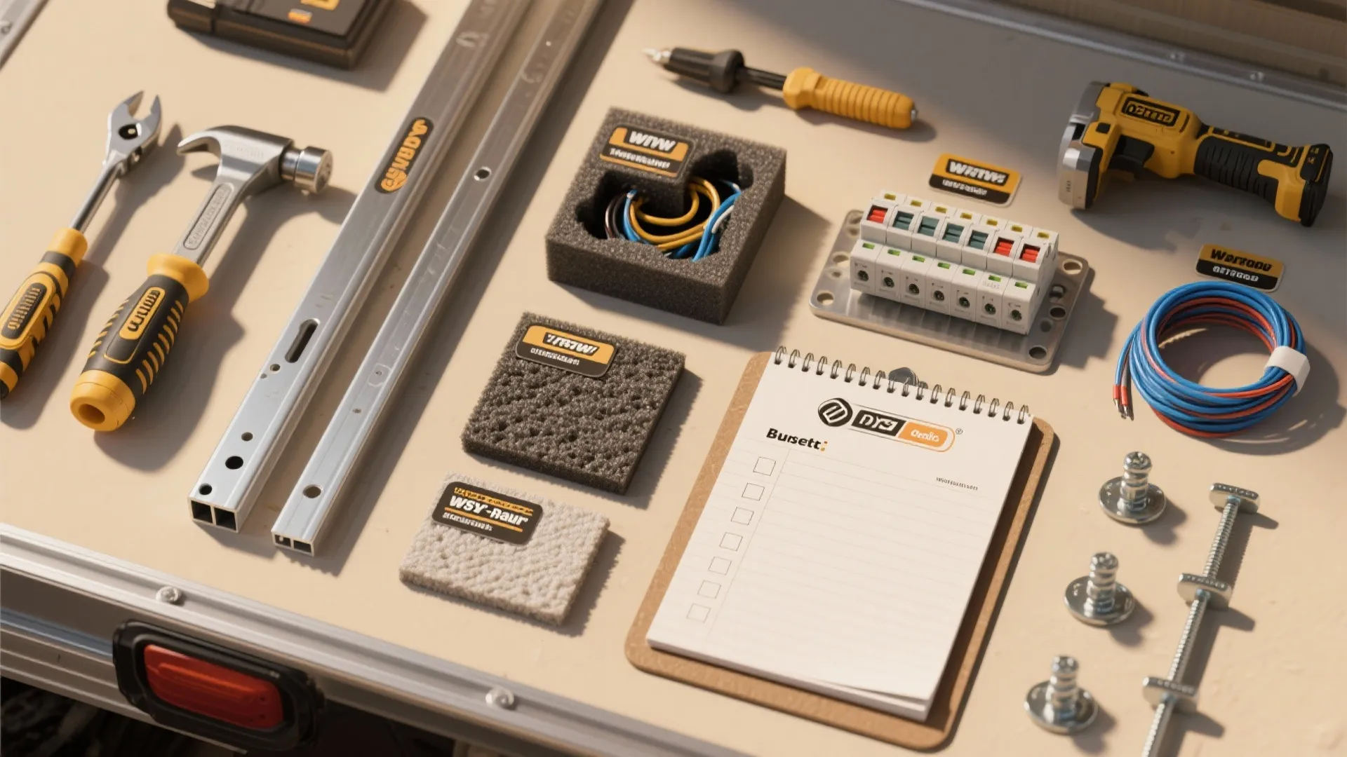 Workshop table with hammer screwdriver electrical components notebook carpet samples and various metal construction hardware tools