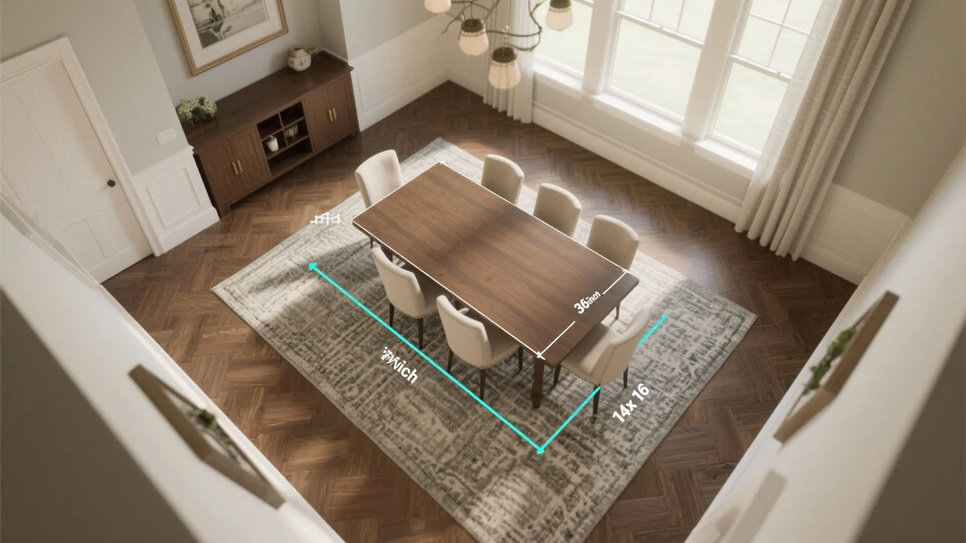 Top-down plan of a 14 x 16 dining room with a rectangular table and 36-inch clearances highlighted for circulation.