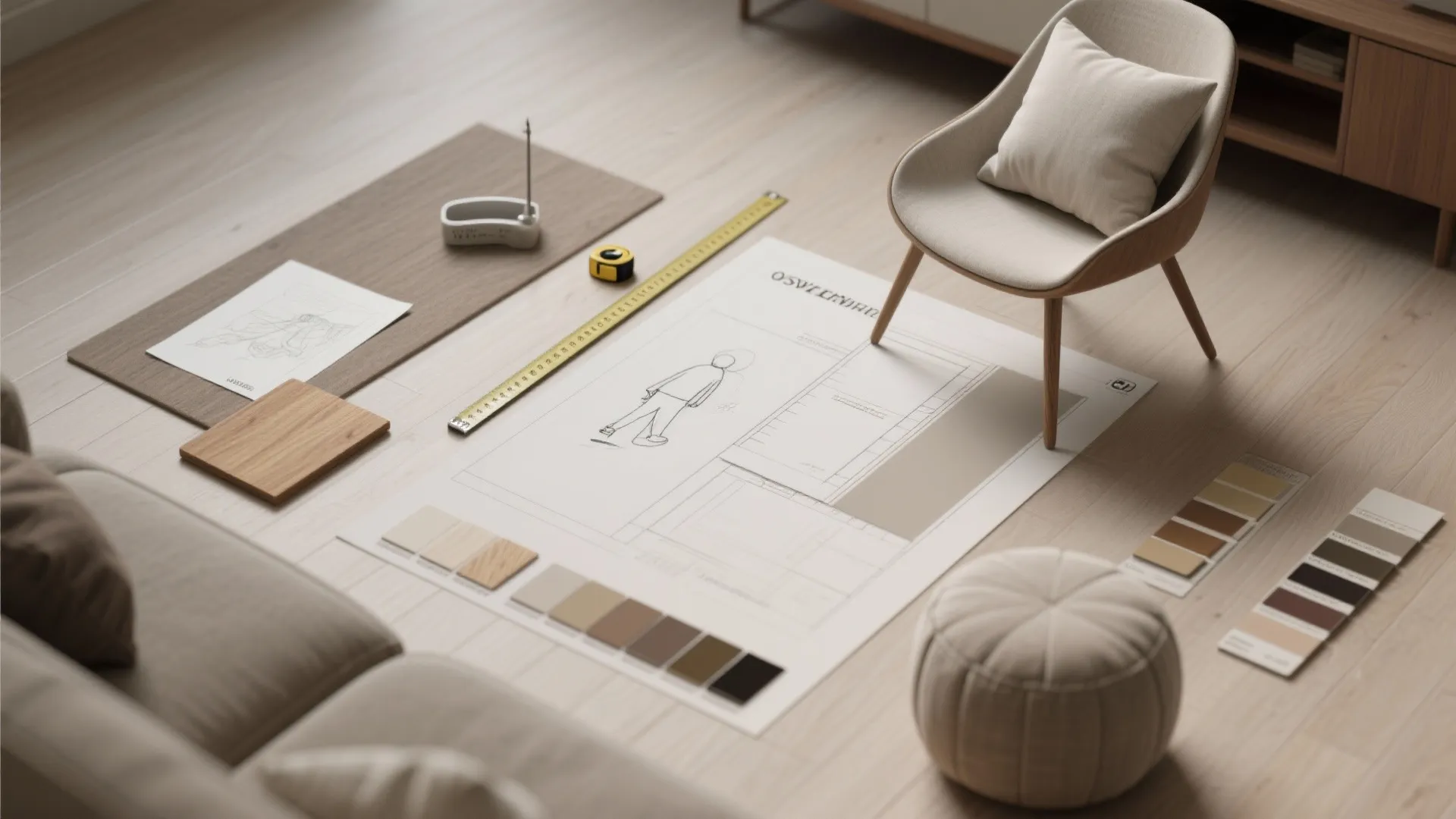 Interior design drawing on floor with measuring tape color samples chair and small round footrest