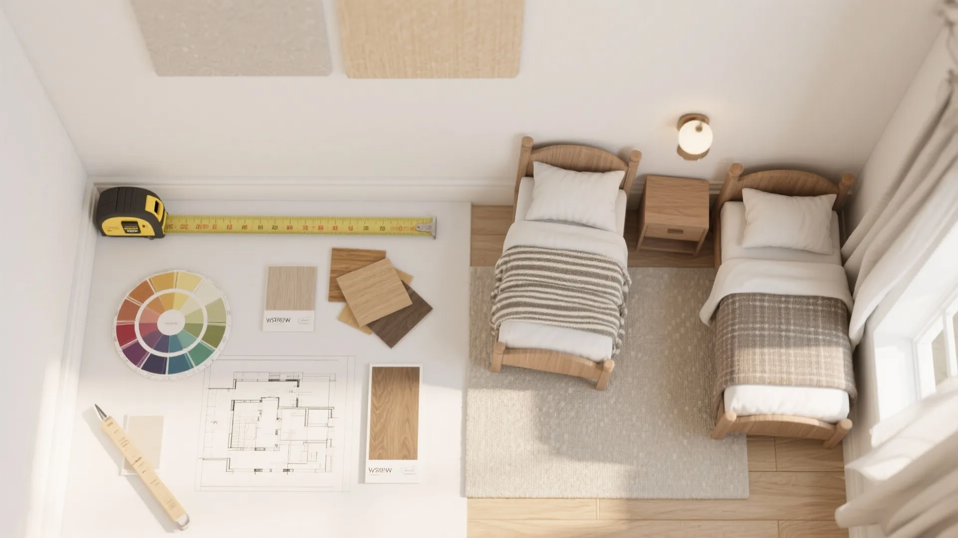 Top-down flatlay of paint chips, tape measure and material samples for planning a twin bedroom