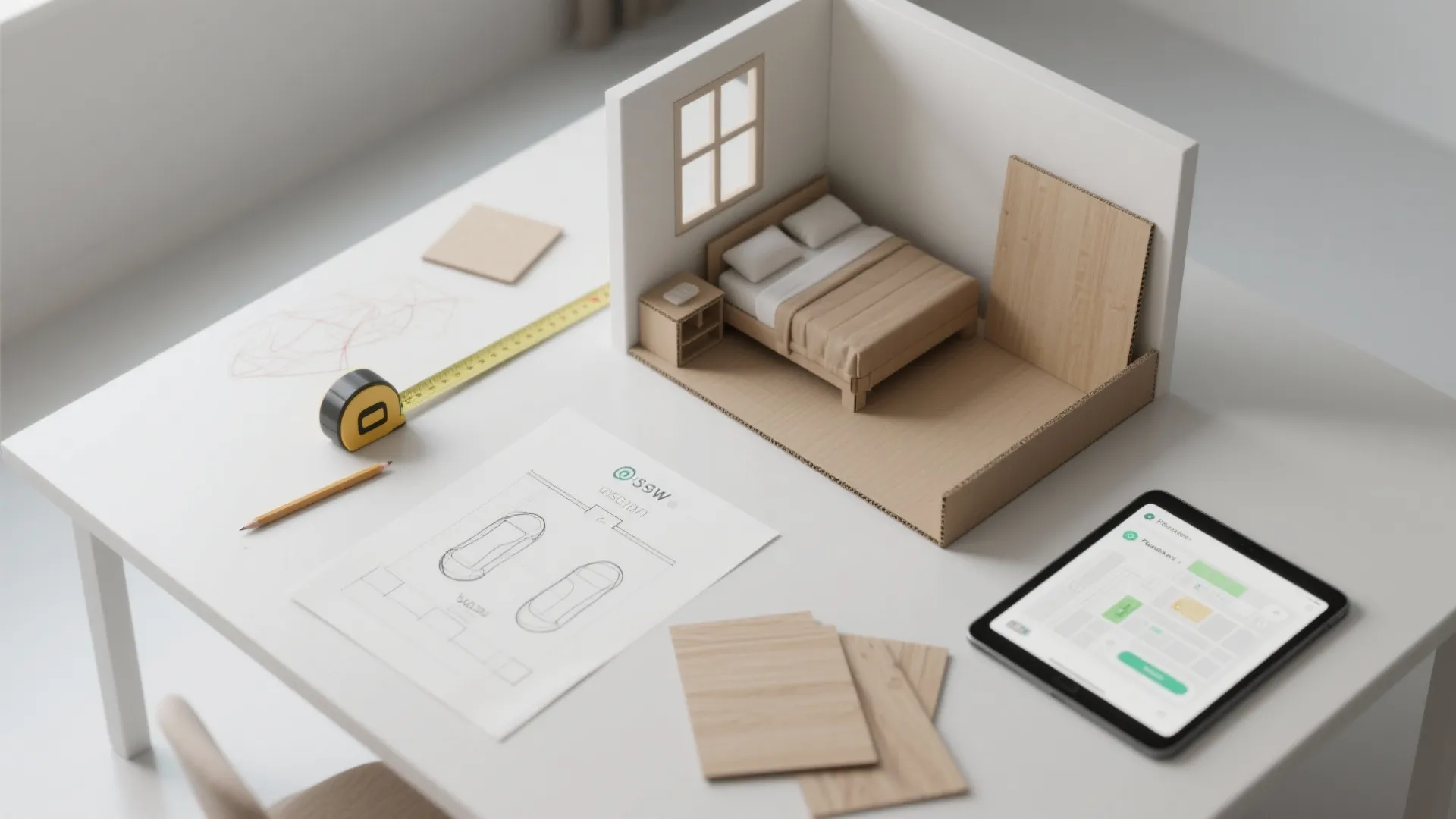 Top-down view of small-room planning tools: measuring tape, cardboard mock-ups, sketches and plywood samples for bunk design.