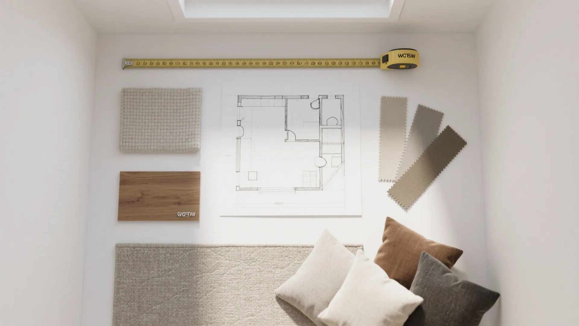 Flatlay of measuring tape, floorplan sketch, and fabric swatches for small living room planning.