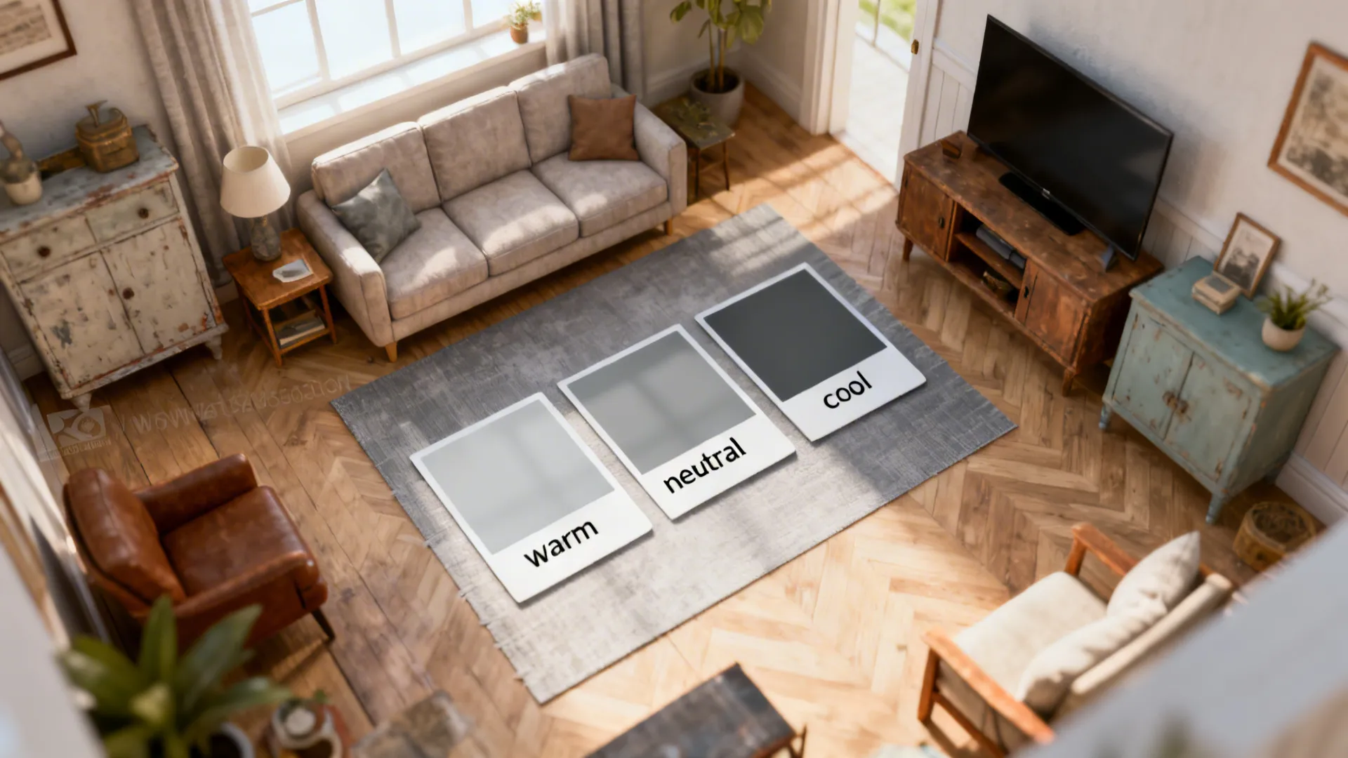 Top-down mockup of a small living room layout with paint swatches and furniture placement overlays.
