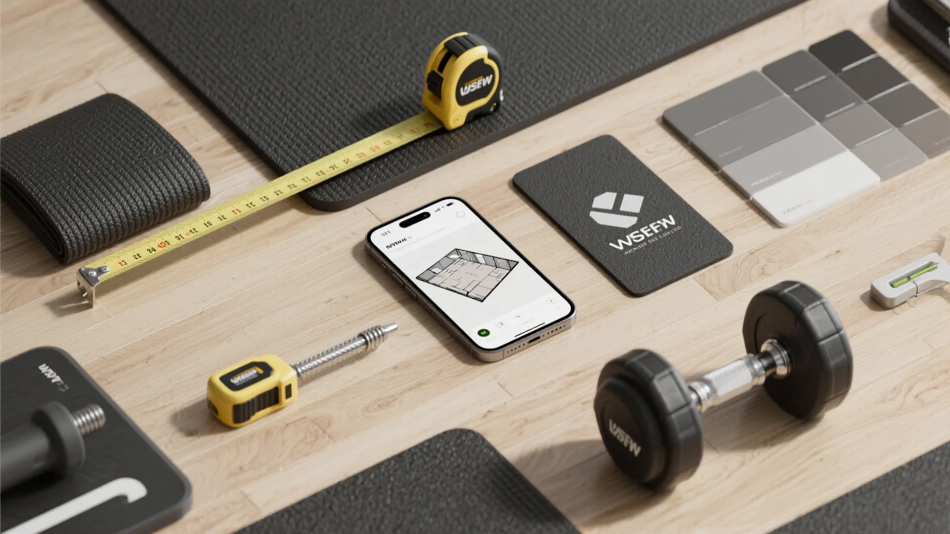 Smartphone showing a room layout next to a tape measure and dumbbells on wood floor