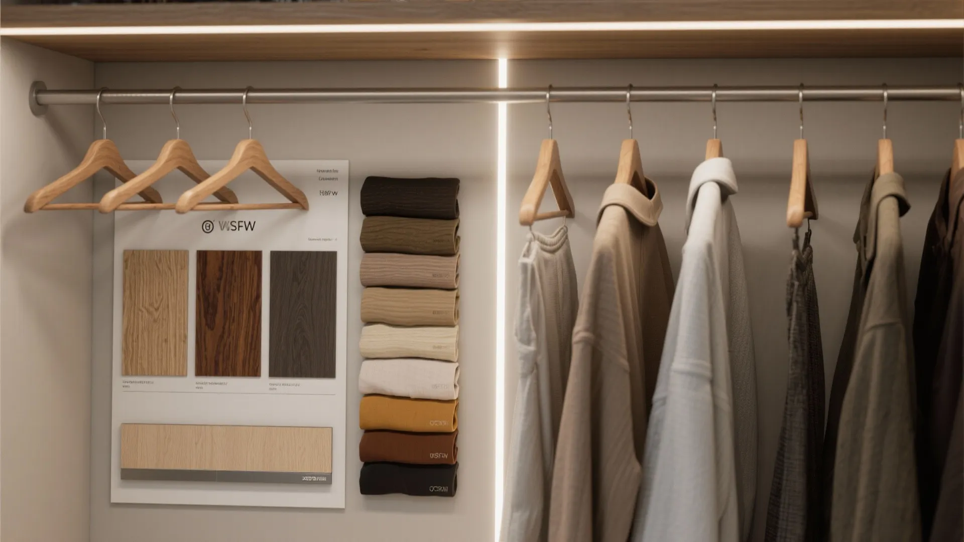 Close up of closet interior with hanging clothes wooden hangers material samples and vertical lighting